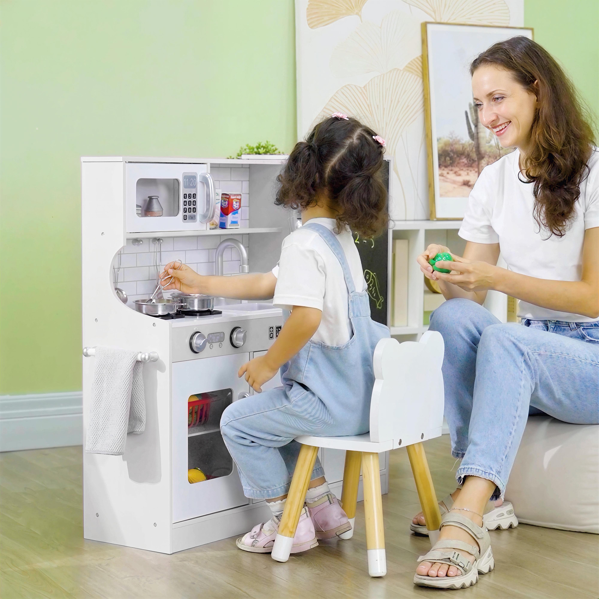 Kinderküche, Spielküche mit Telefon, Kreidetafel, Mikrowelle, Herd, Spüle, Zubehör, Eiswürfelmaschine, 3-8 Jahre, Weiß