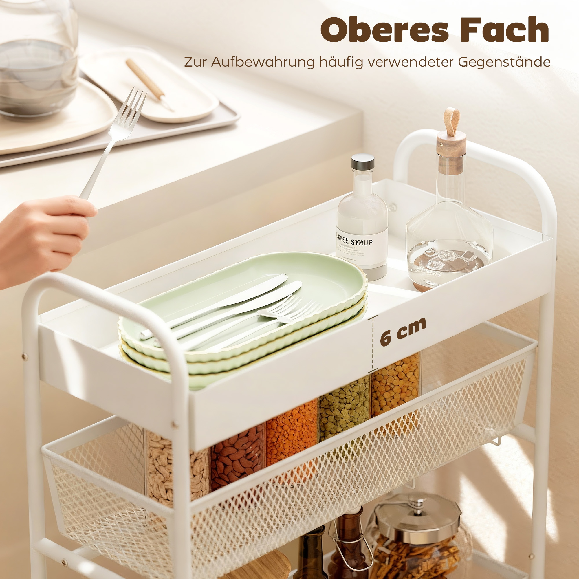 Küchenwagen aus Metall, 3 Körbe, schmales Design, 4 Räder, für Küche, Wohnzimmer, Badezimmer, Weiß
