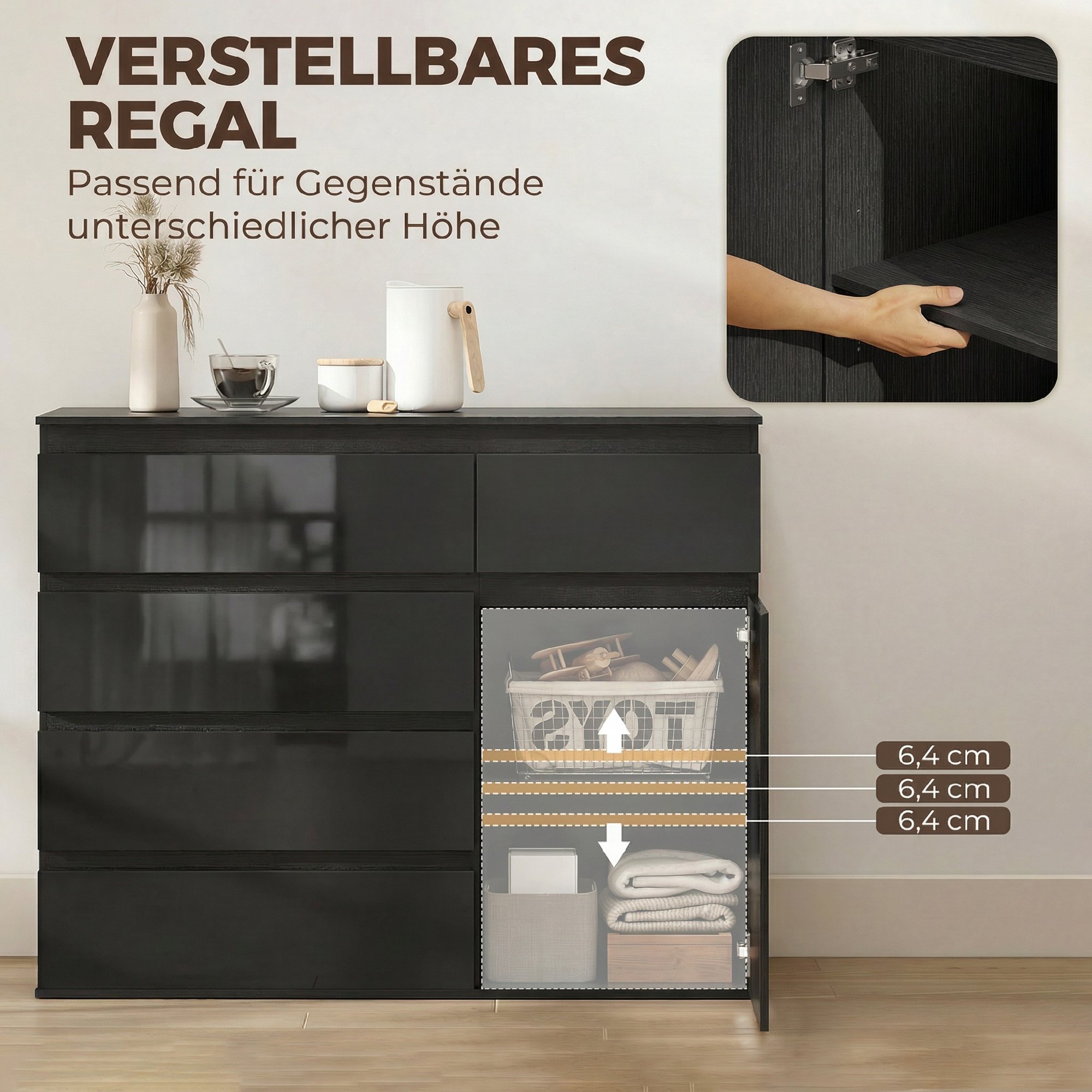 Modernes Sideboard, Stauraum-Sideboard mit 5 Schubladen, verstellbarem Regal, Soft-Close-Tür, Schwarz Hochglanz
