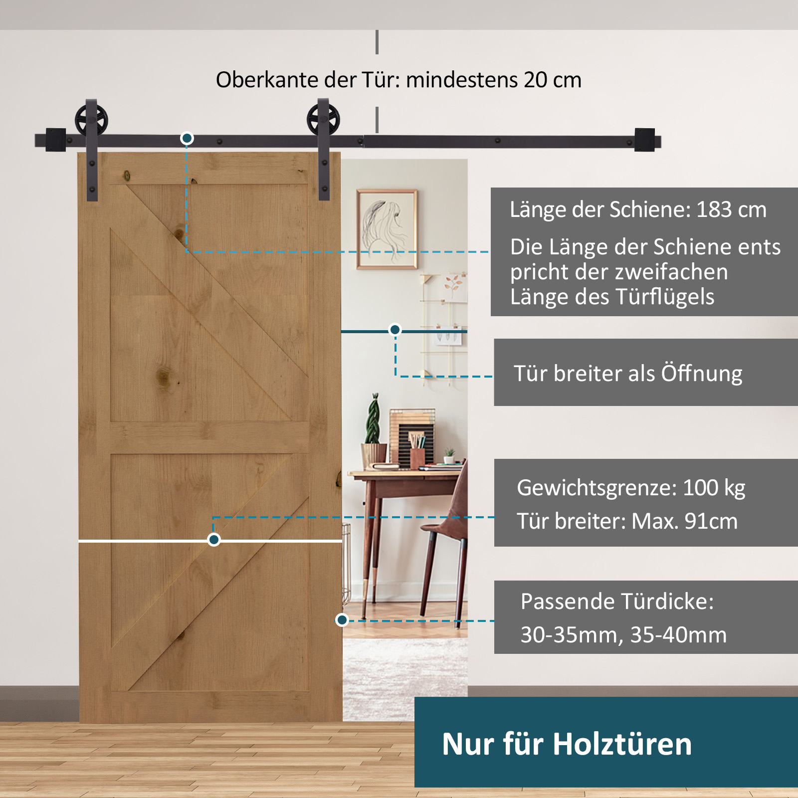 Gleitschienen-Bausatz für Schiebetür, inkl, Schienen, Rollen, Bodenstopper, 183 cm, bis 100 kg belastbar, Dunkelbraun