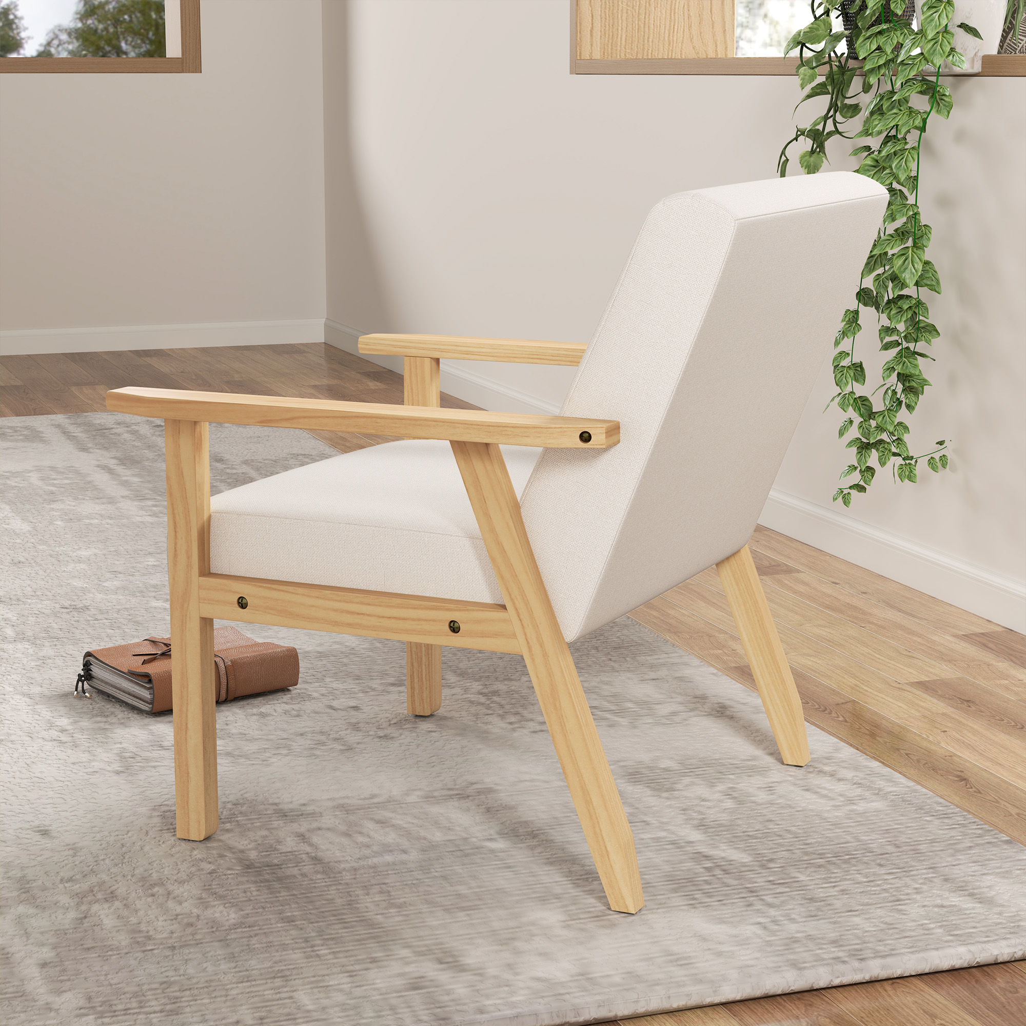 Polstersessel mit Armlehnen, Esszimmerstuhl in Leinenoptik, Massivholzrahmen, 64 x 70 x 72 cm, Creme