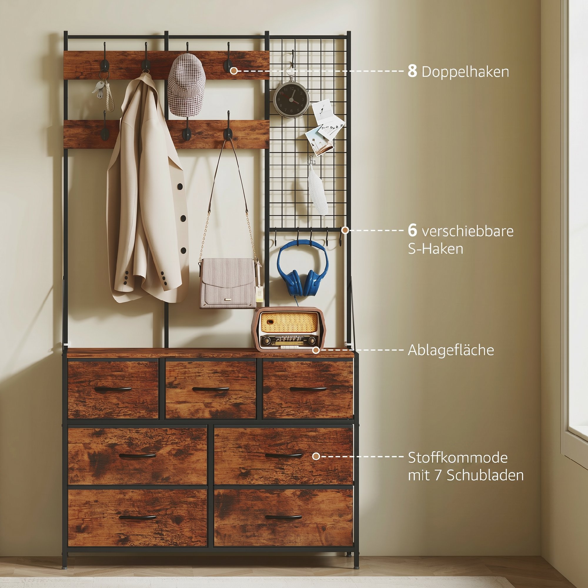 Garderobenständer, Kleiderständer mit Stoff-Schublade, 14 Haken für Flur, Schlafzimmer, Rustikal-Braun, Höhe 183 cm
