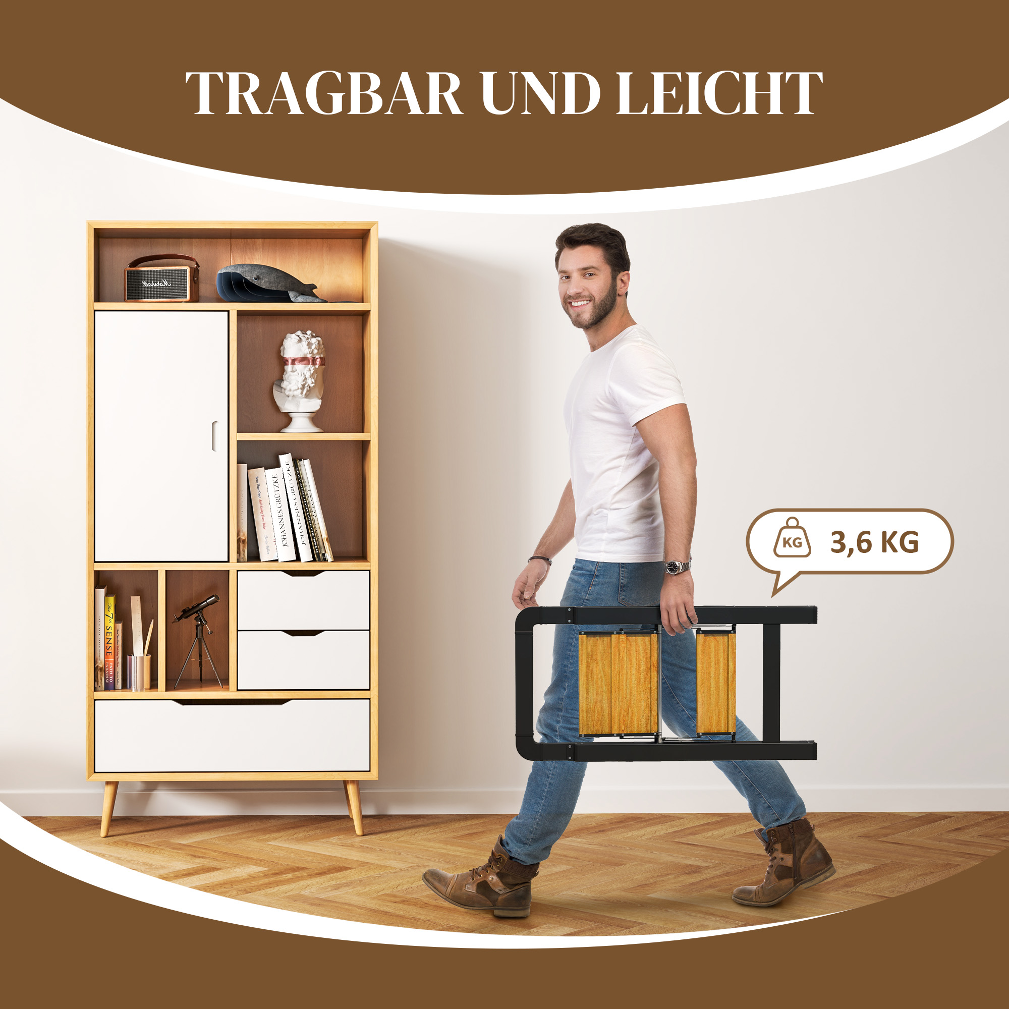 2-stufige Trittleiter, Metall, faltbar, rutschfeste Plattform, Schwarz