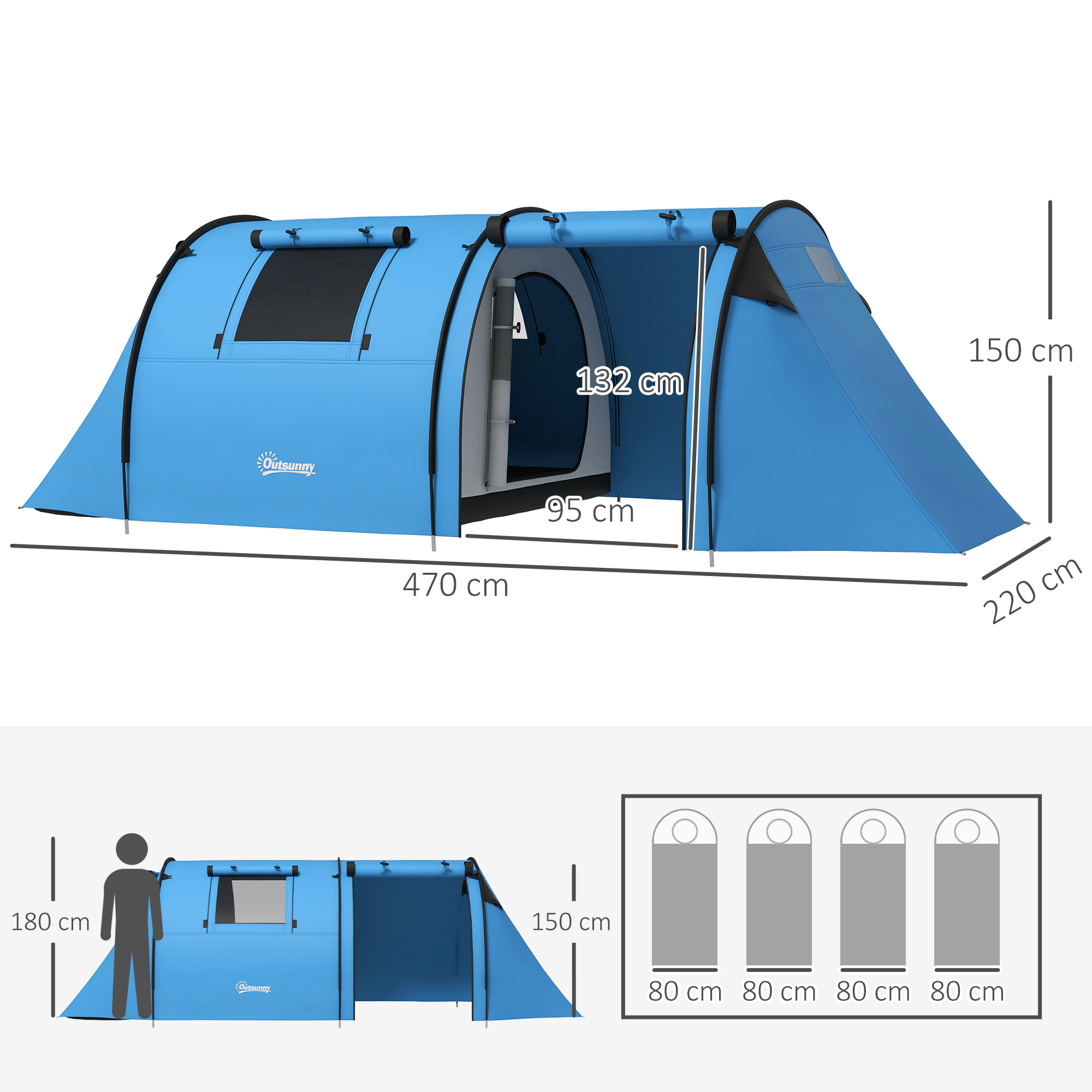 Campingzelt für 3-4 Personen stabil wasserdicht Familienzelt mit Schlafzimmer Wohnzimmer 3000mm Wassersäule Himmelblau