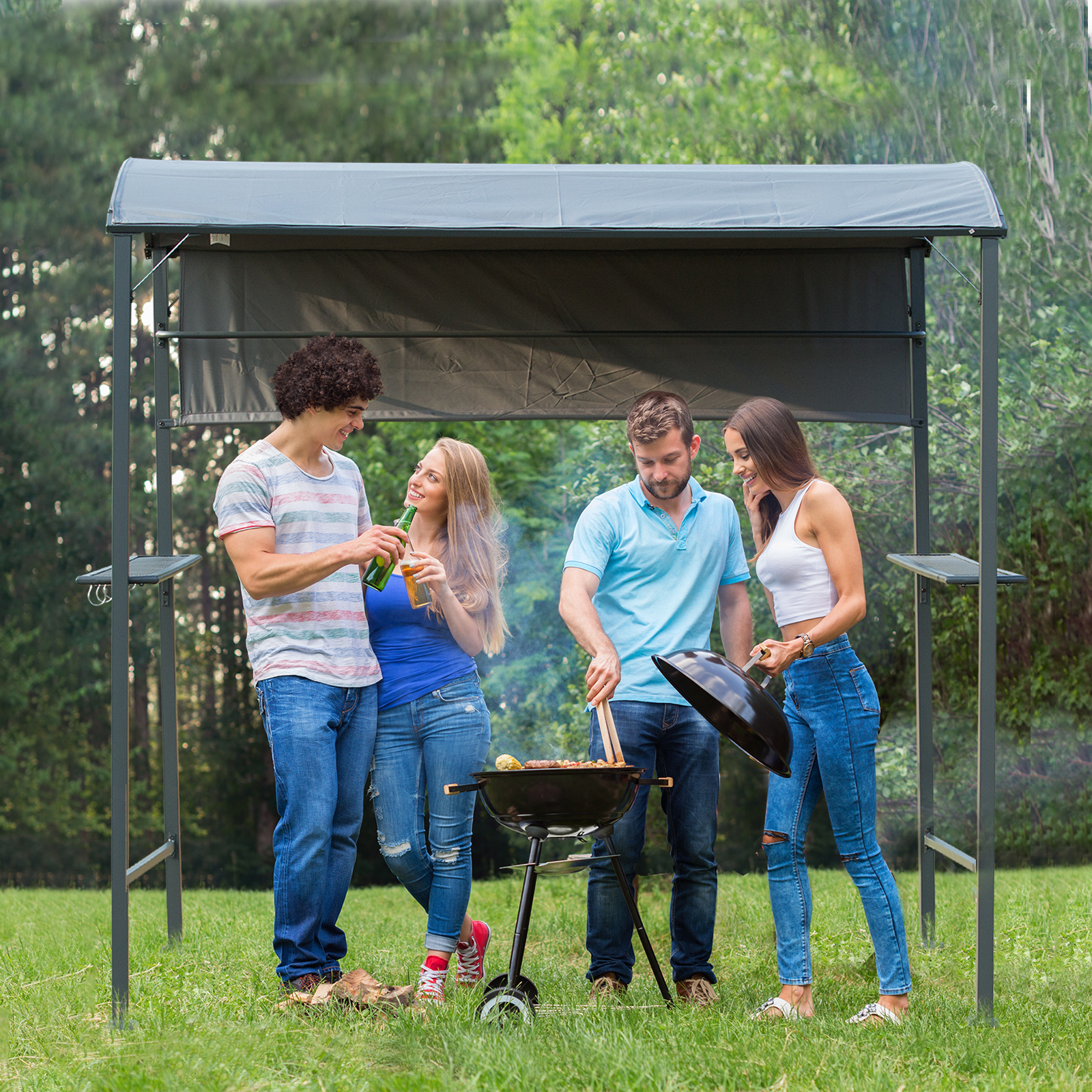 Grillpavillon mit Flammschutzdach, BBQ-Pavillon mit 2 Ablagen, Polyester, Schwarz, 218 x 138 x 216 cm