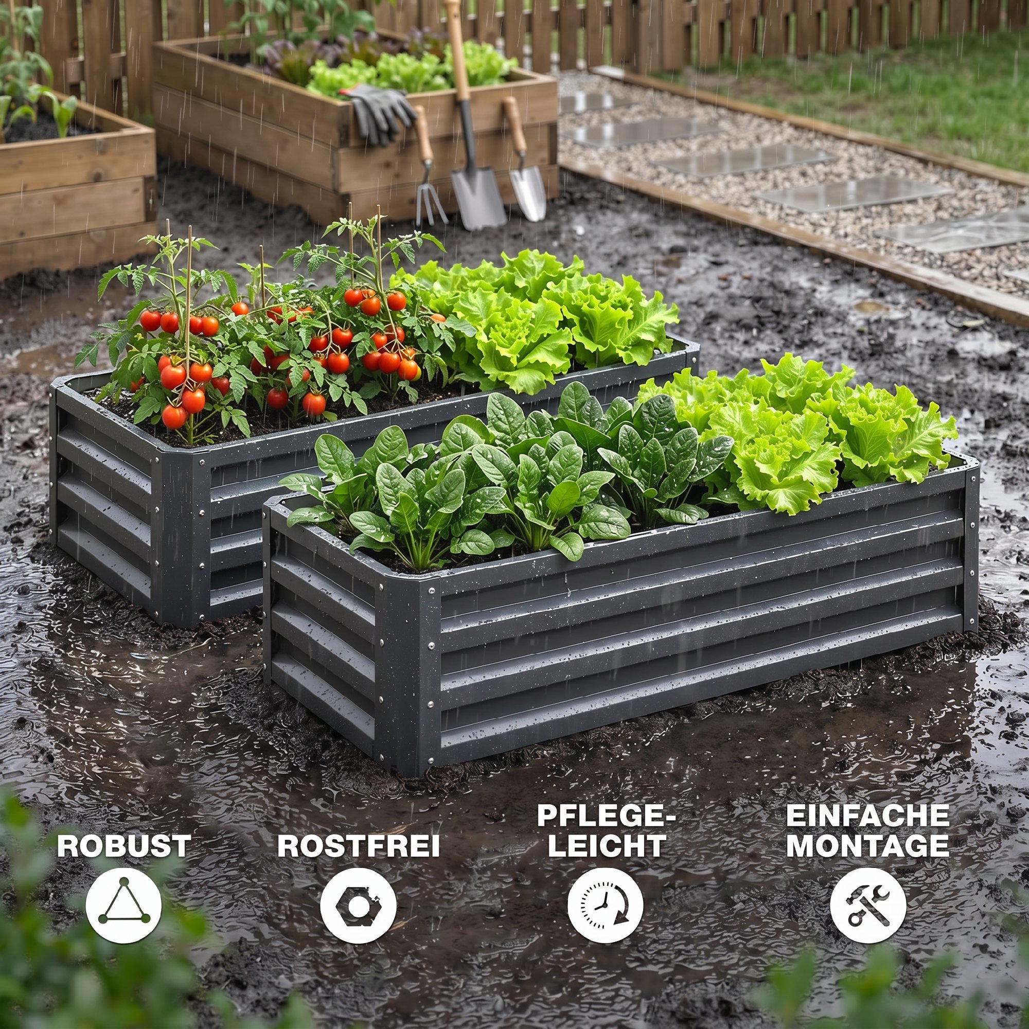 Hochbeet Metall 2er-Set, Offener Boden, Für Garten Balkon, 110x50x30cm, Dunkelgrau