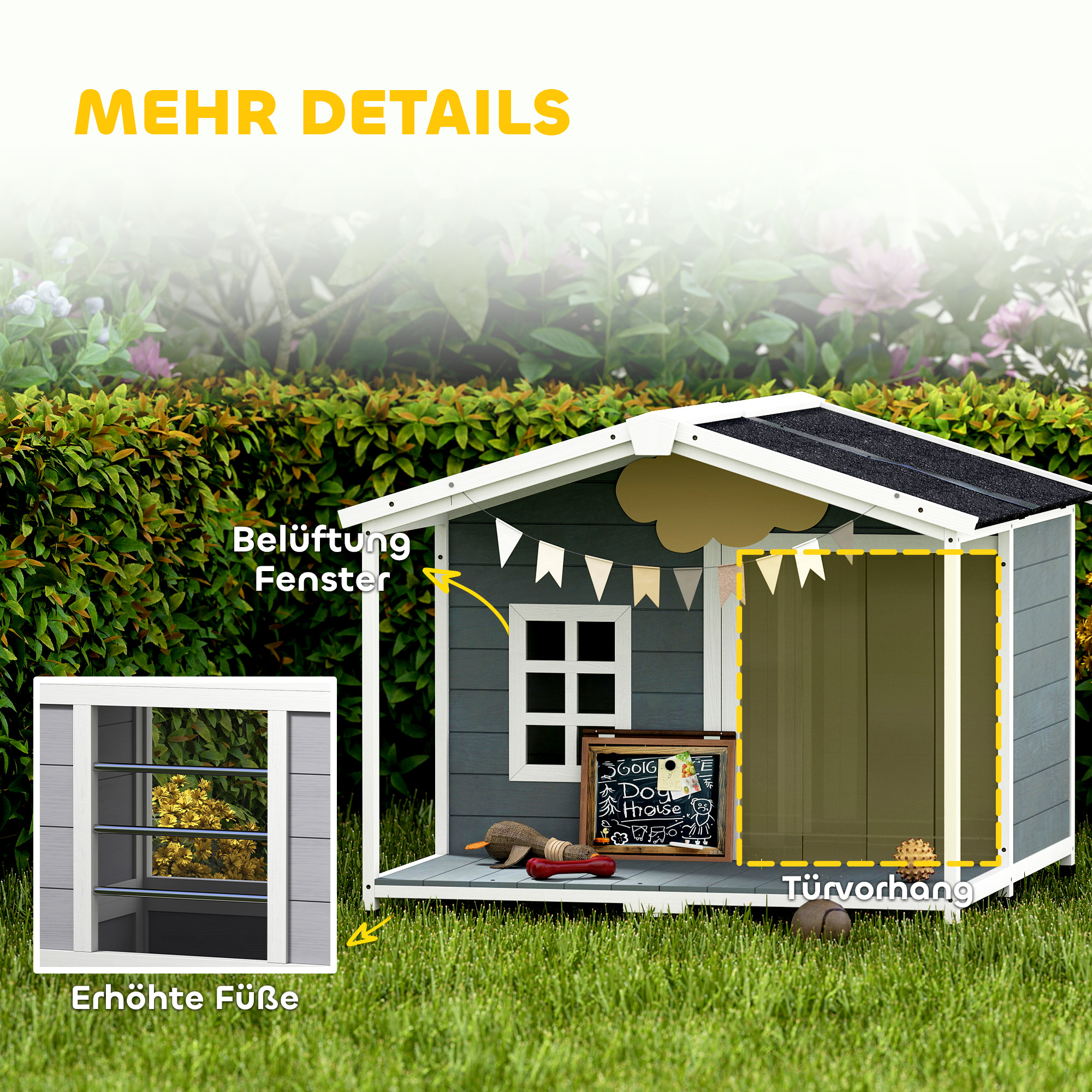 Hundehütte wetterfestes erhöhtes Hundehaus aus Holz mit Asphaltdach, Terrasse, für mittelgroße Hunde 103x107x83,5cm Grau