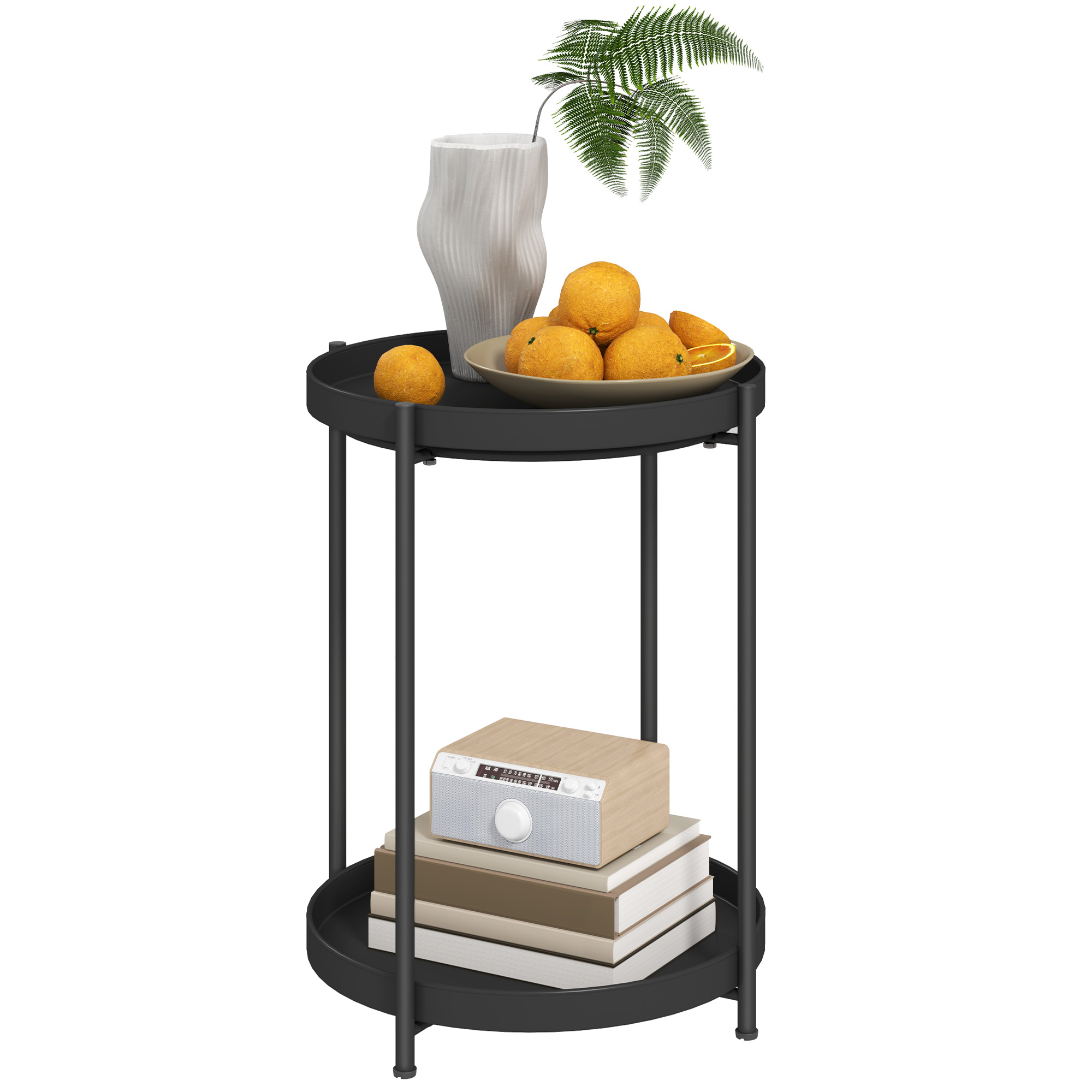 runder Beistelltisch mit Regalboden, 2-stufiger Kaffeetisch für Wohnzimmer, Schlafzimmer, kleine Räume, Metall, Schwarz