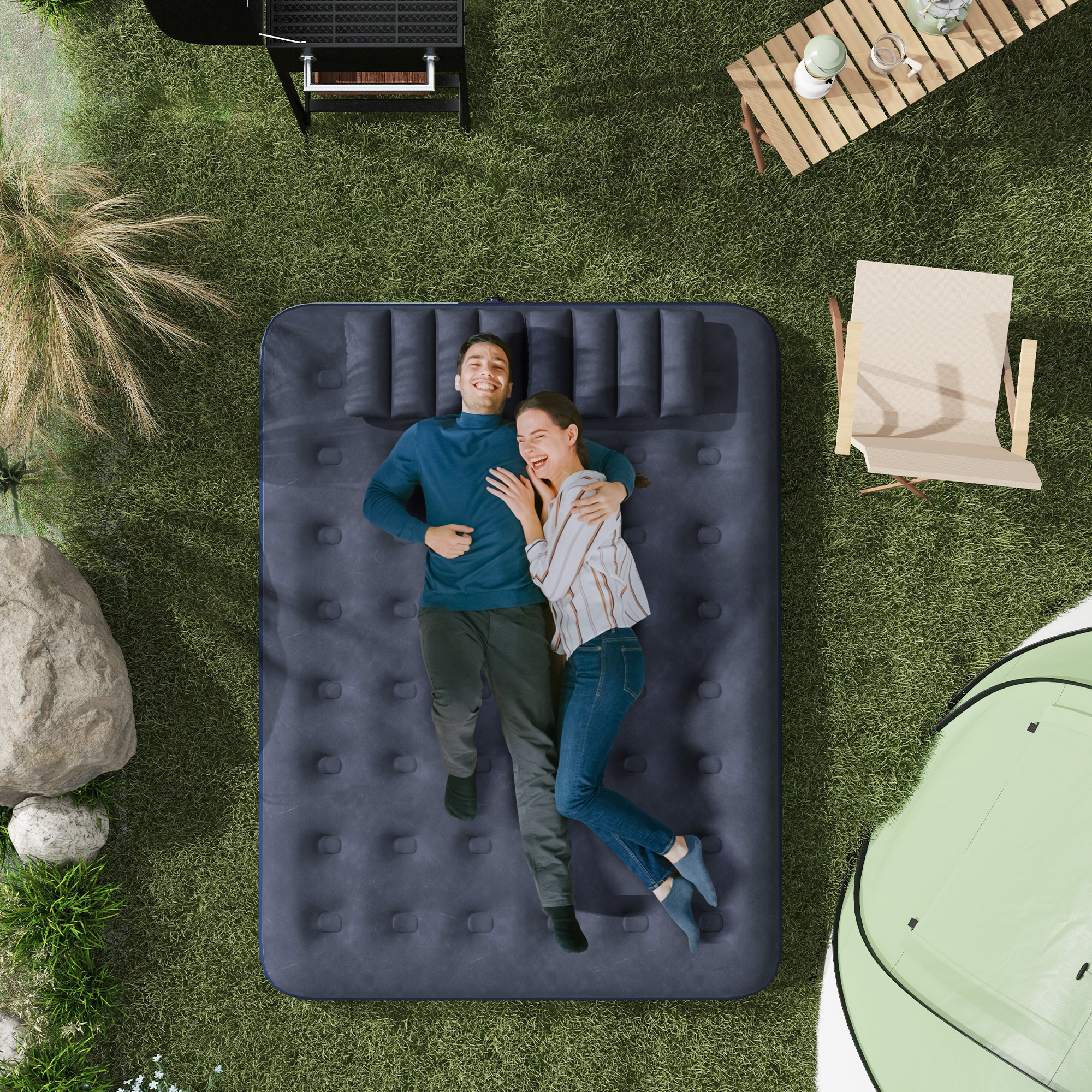 Luftmatratze für 2 Personen, mit Handpumpe, weich & robust, 203x152x22cm, Blau