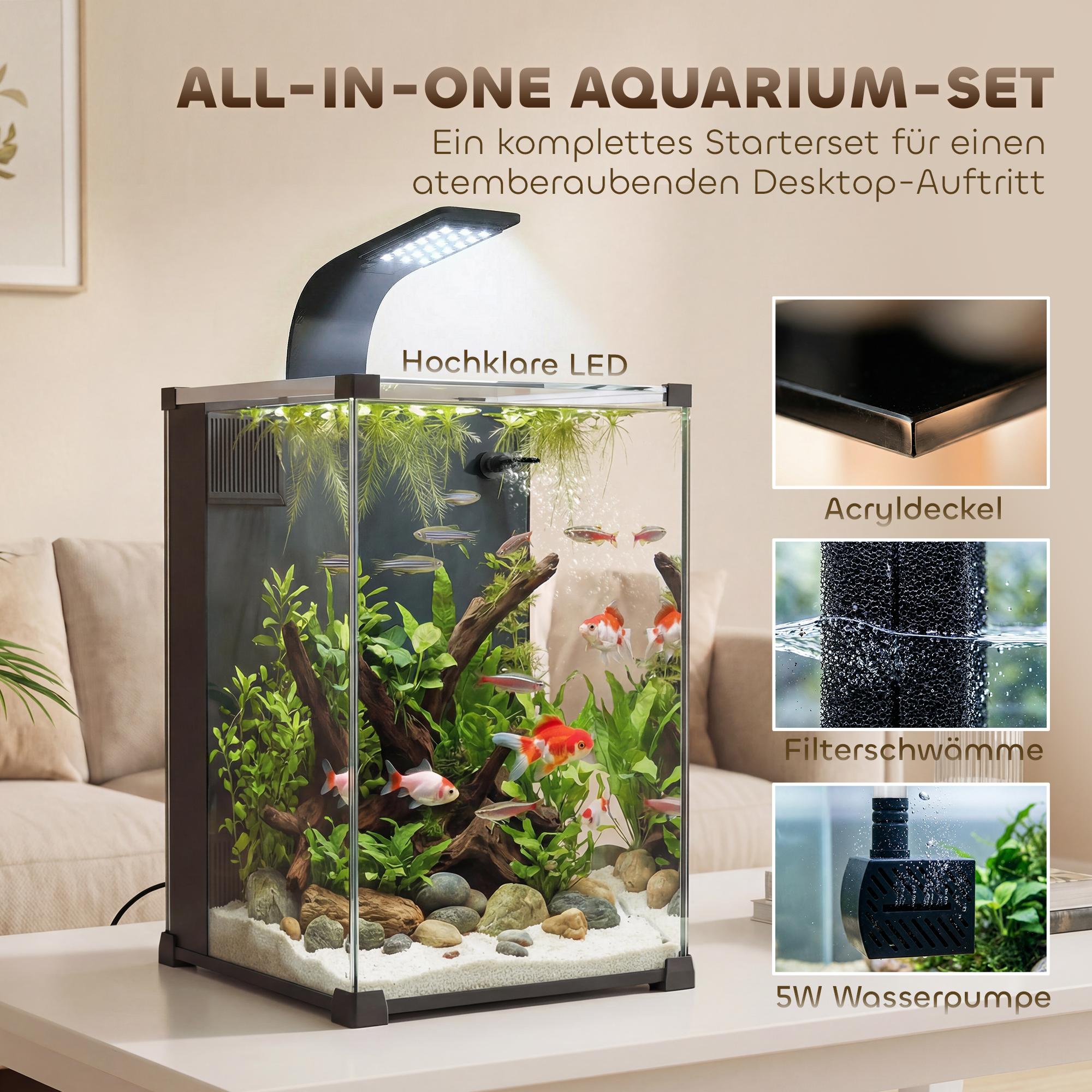 Aquarium Komplettset 36L Nano Aquarium mit LED-Beleuchtung Filtersystem Pumpe Zirkulation 30 x 30 x 45,5 cm Schwarz