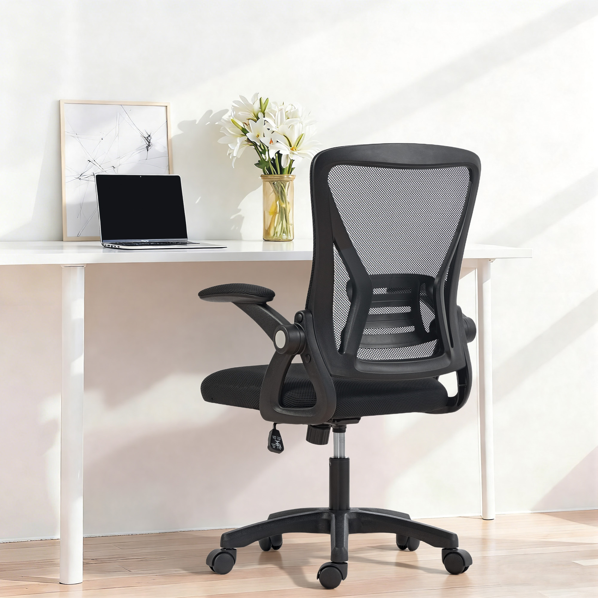 Bürostuhl Ergonomischer Höhenverstellbarer Schreibtischstuhl mit Hochklappbaren Armlehnen, Lendenwirbelstütze, Schwarz