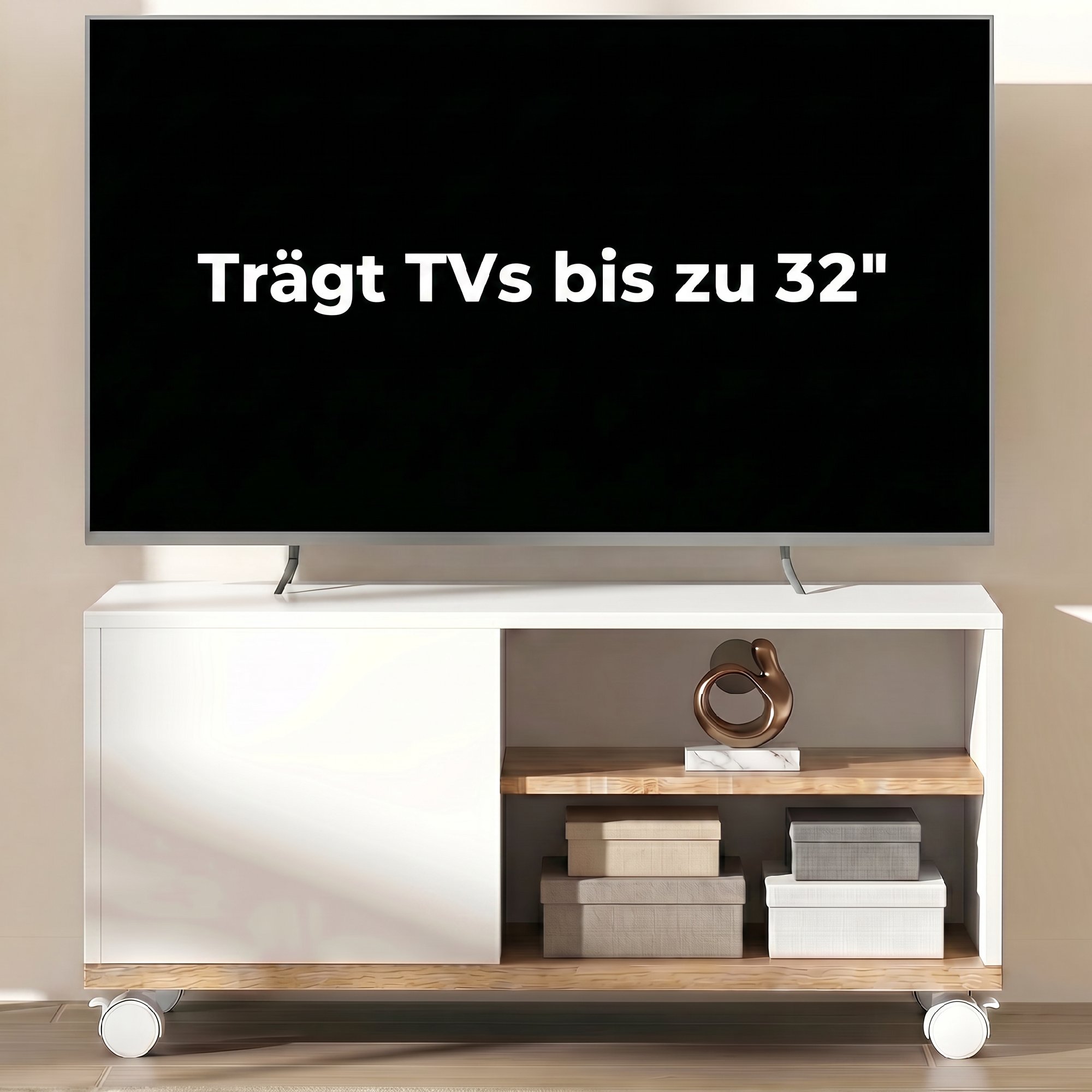TV-Board auf Rollen mit Bremsen, TV-Möbel mit Schrank und verstellbarer Ablage, Weiß und Eiche