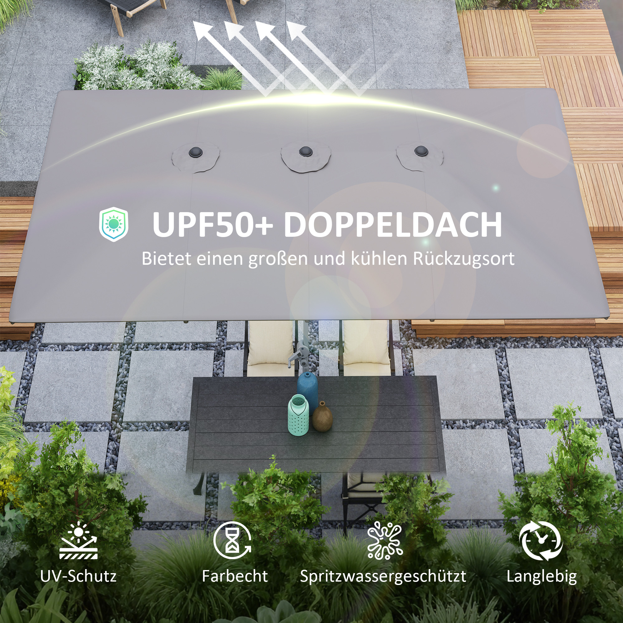 Doppelseitiger Schirm, 451 x 264 cm Sonnenschirm mit Kurbelsystem, 12 Metallstreben, Aluminiummast, Dunkelgrau