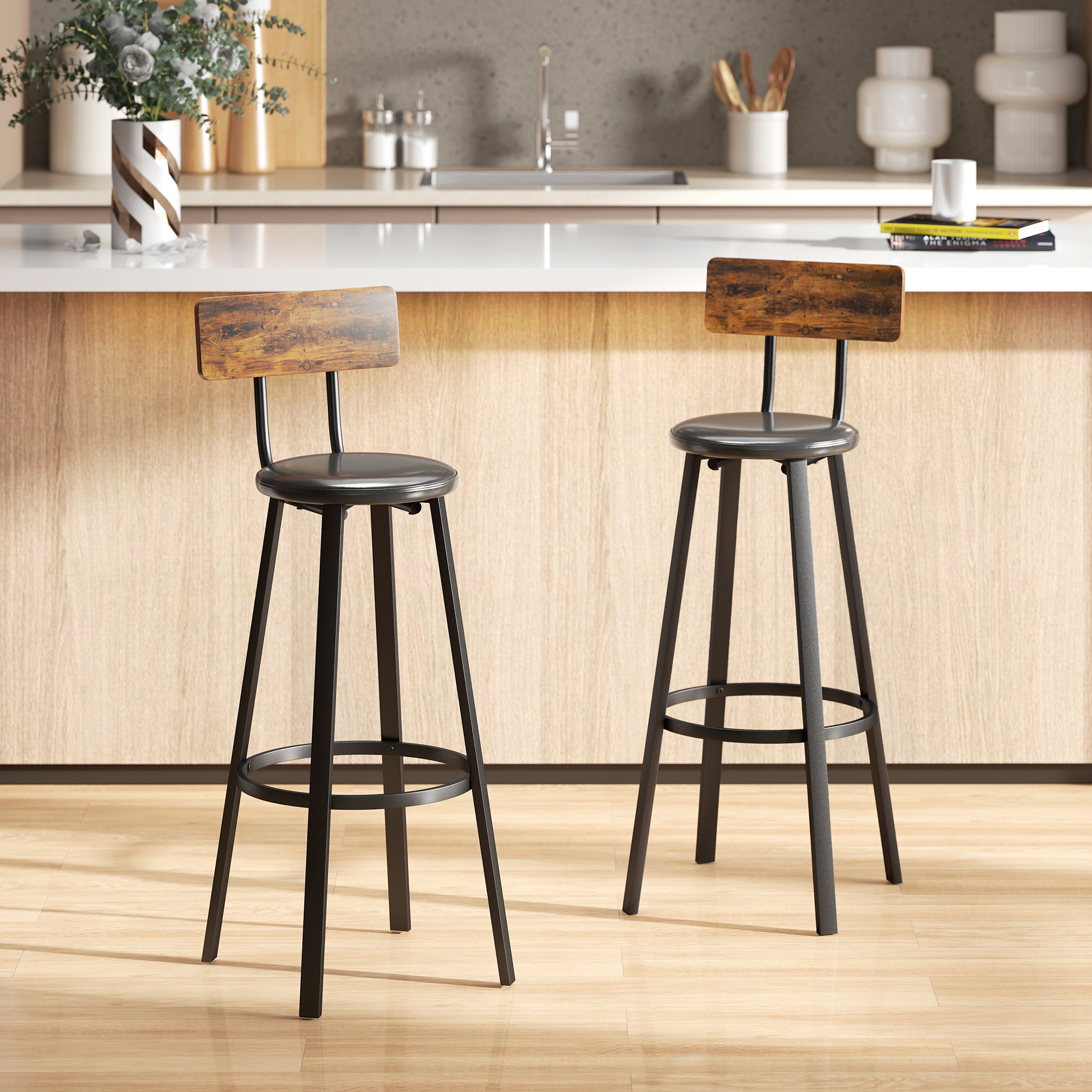 Barhocker 2er Set Tresenhocker Barstuhl mit Fußstütze, Rückenlehne, 75,5 cm Sitzhöhe für Küche & Theke Rustikal Braun