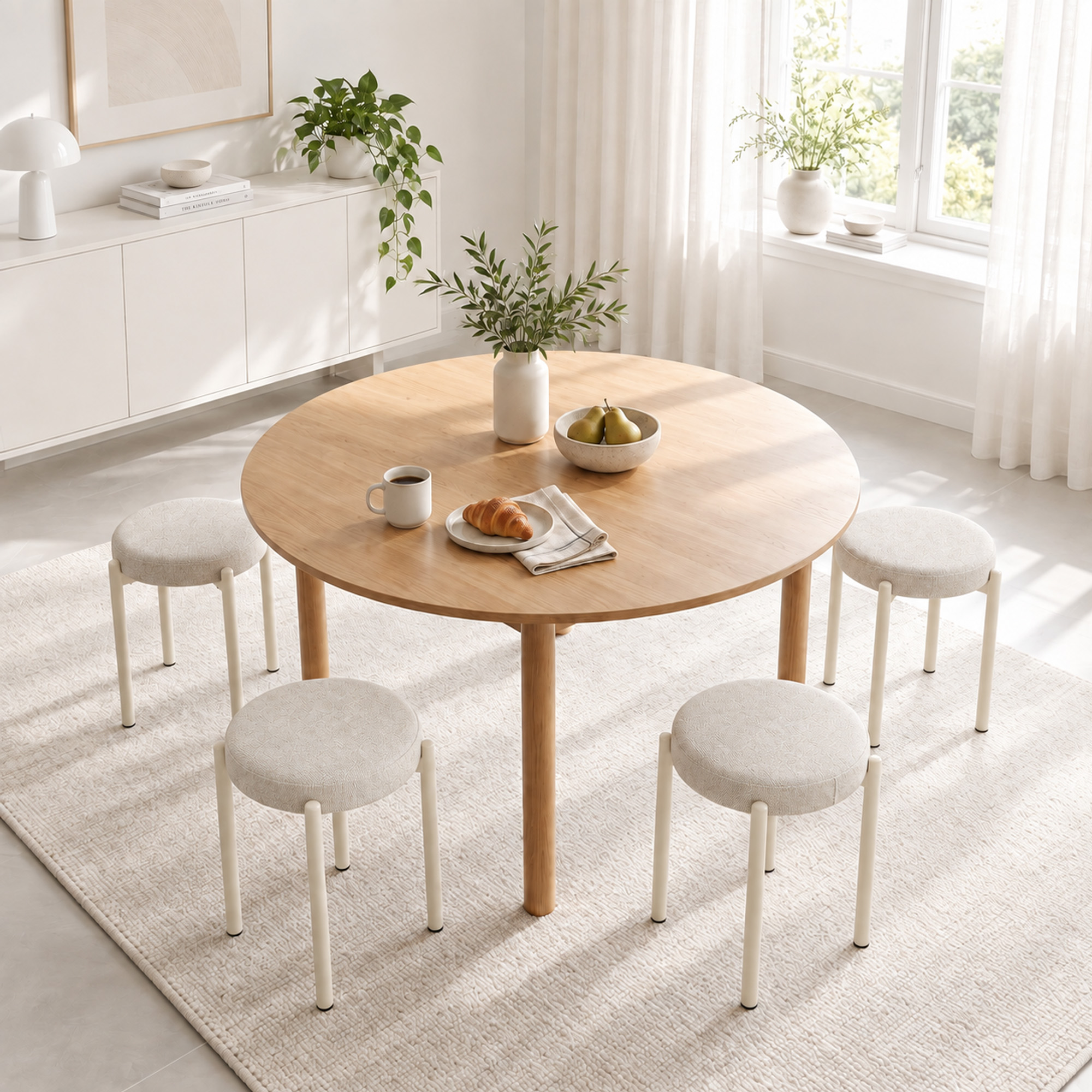 Esszimmerhocker 4er Set Stapelbare Sitzhocker mit Stahlbeinen, Leinenoptik für Esszimmer, Wohnzimmer, Küche, Cremeweiß