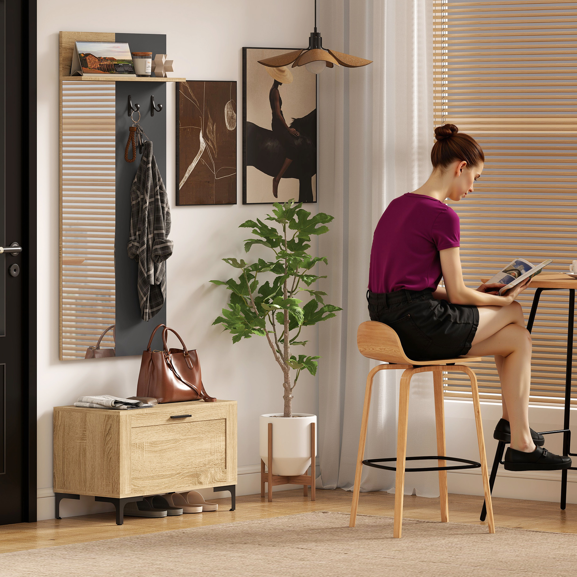 Garderobenset für Eingangsbereich, Schuhbank, Spiegel, 3 Haken, Offenes Regal, Flurmöbel, Naturholz+Grau