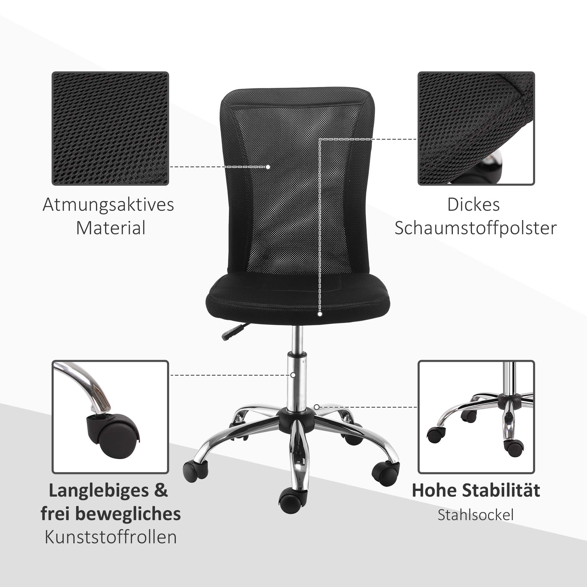 Bürostuhl Schreibtischstuhl, höhenverstellbar, Mesh, 43 cm x 58 cm x 100 cm, Schwarz