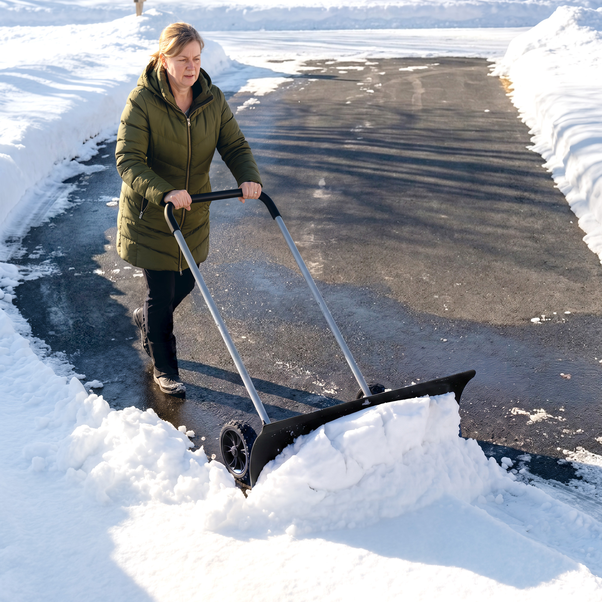 Schneeschieber groß 95 cm extra breit Aluminium Schneeschaufel mit Rädern verstellbar & rutschfest Griff, angewinkelt