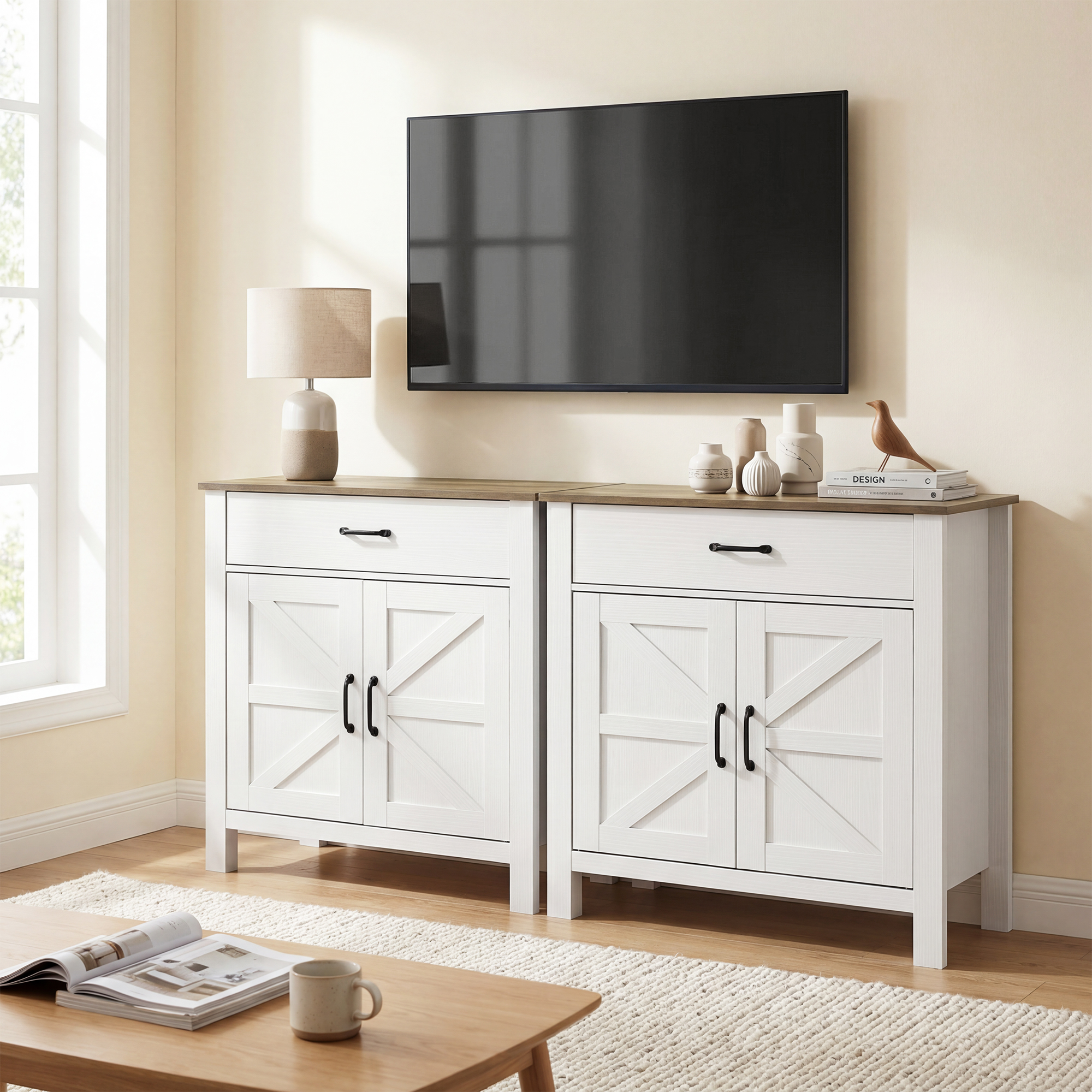 Sideboard Buffet-Schrank, Bauernhaus-Küchenschrank mit Schiebetüren und verstellbarem Regal, Weiß