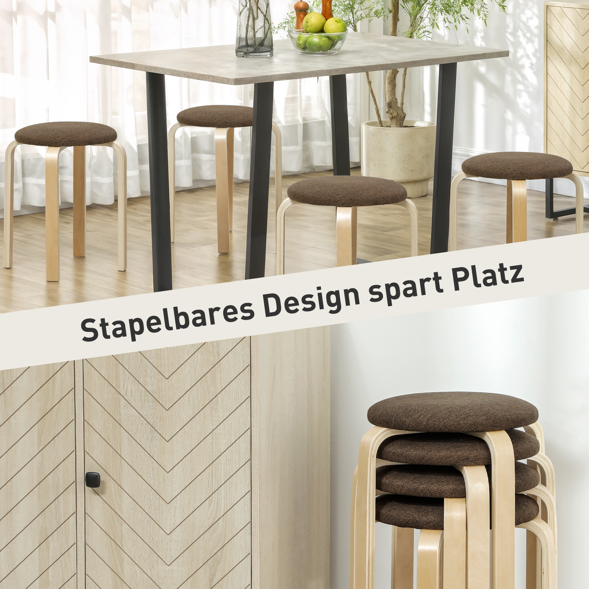 Polsterhocker im 4er-Set, stapelbar, lackierte Oberfläche, Holzbeine, Braun