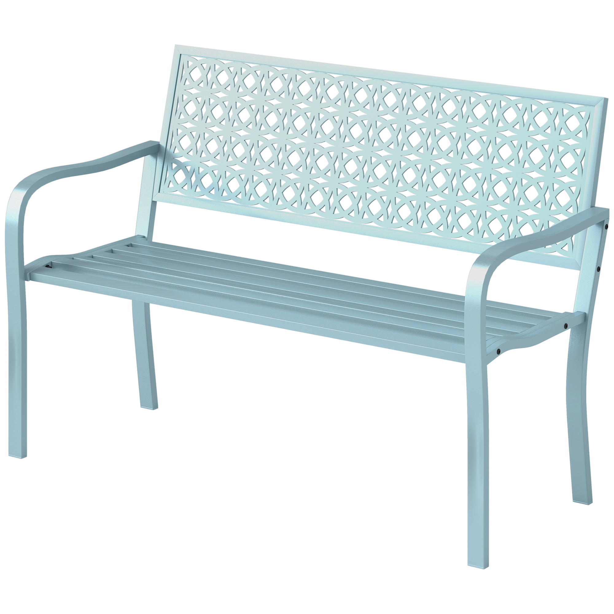 Außenbank, Gartenbank aus Stahl, Ausgeschnittene Rückenlehne, Armlehnen, für 2 Personen, Blau