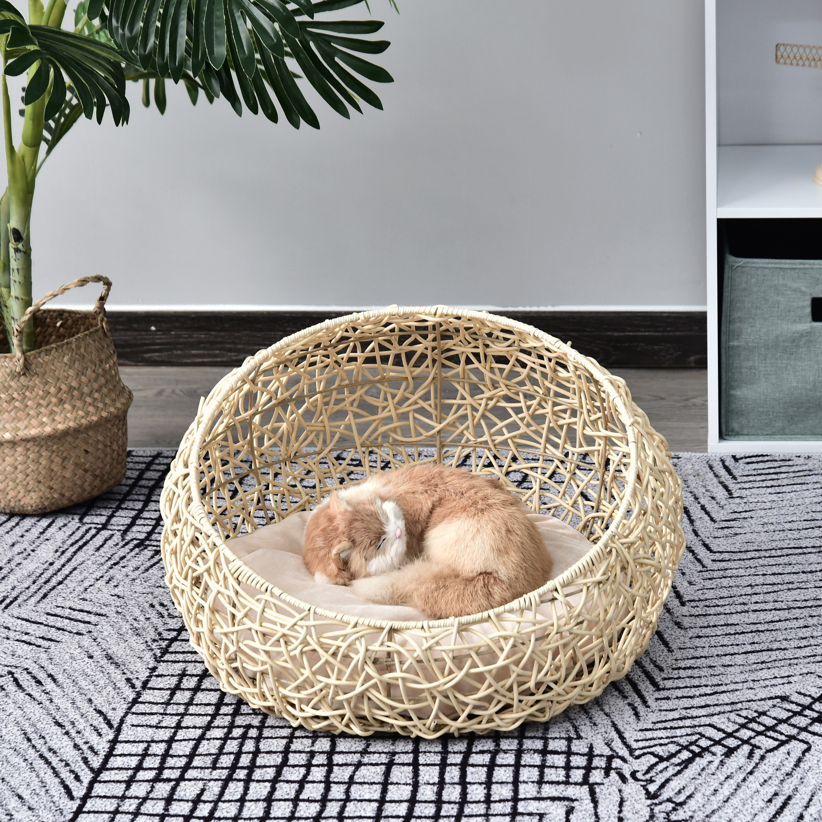 Katzenbett aus Rattan Katzenhöhle mit Kissen Katzenkorb Hundebett Katzenschlafplatz Hundehütte Tierbett für Katzen Hunde Beige Ø56 x 35 cm