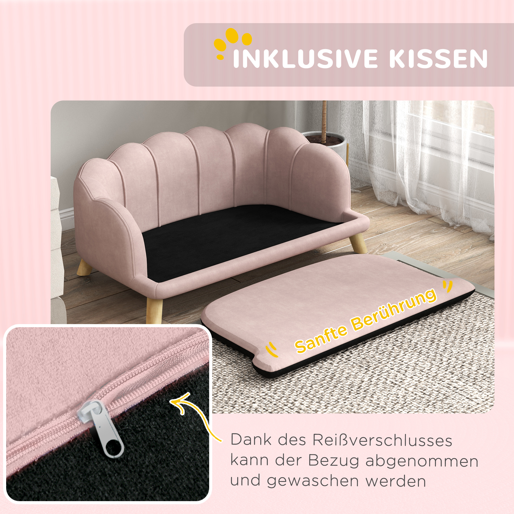 Haustiersofa für mittelgroße und große Hunde bis 25 kg, robustes Holz, gepolstert, Rosa