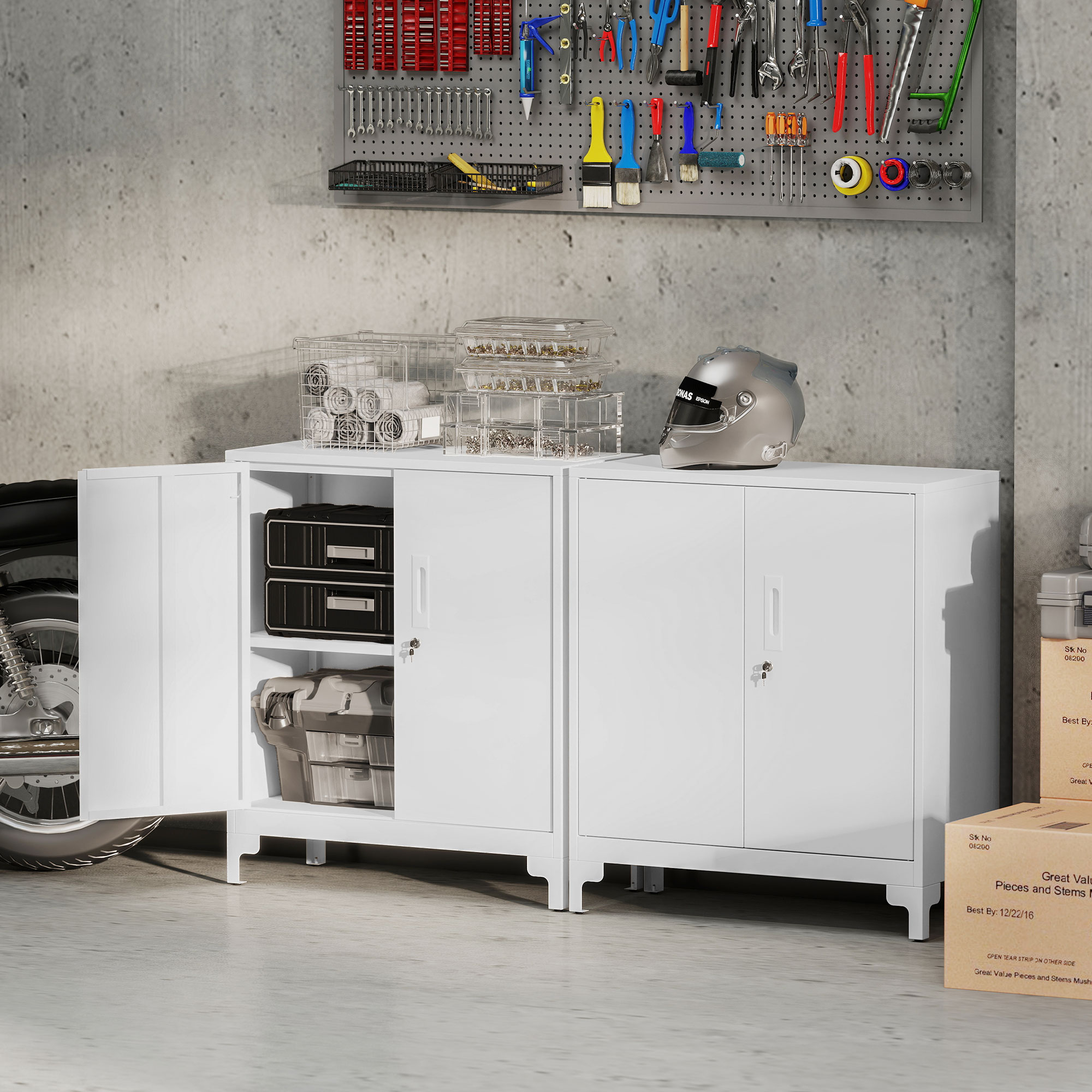 Büroschrank aus Metall, verschließbare Türen, Bürokommode, 2-stufiges Design, Weiß