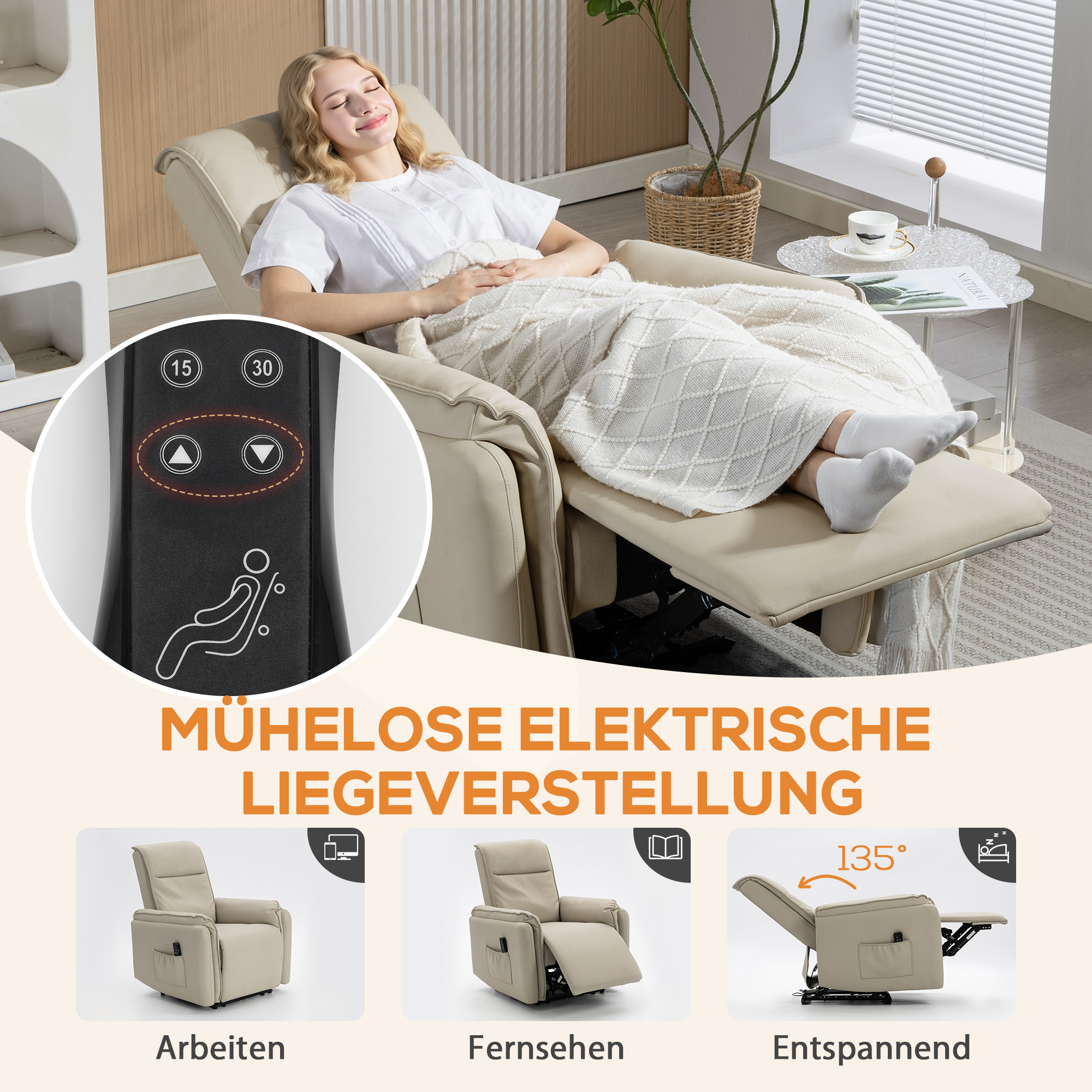 Elektrischer Massagesessel, Kunstlederbezug, Fußstütze, Seitentasche, Beige