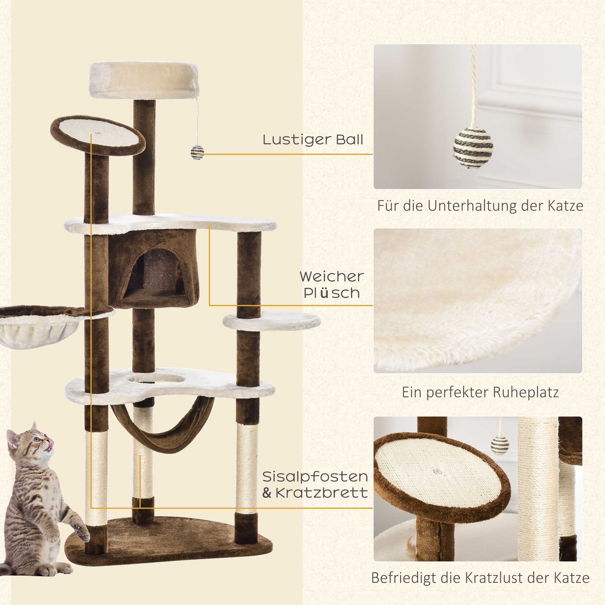 Kratzbaum mit Katzenhöhle Hängematte XXL Katzenbaum Kletterbaum Kletterbaum für Katzen Mehrstufiges Multiaktivitätszentrum Plüsch Braun 65 x 50 x 153 cm