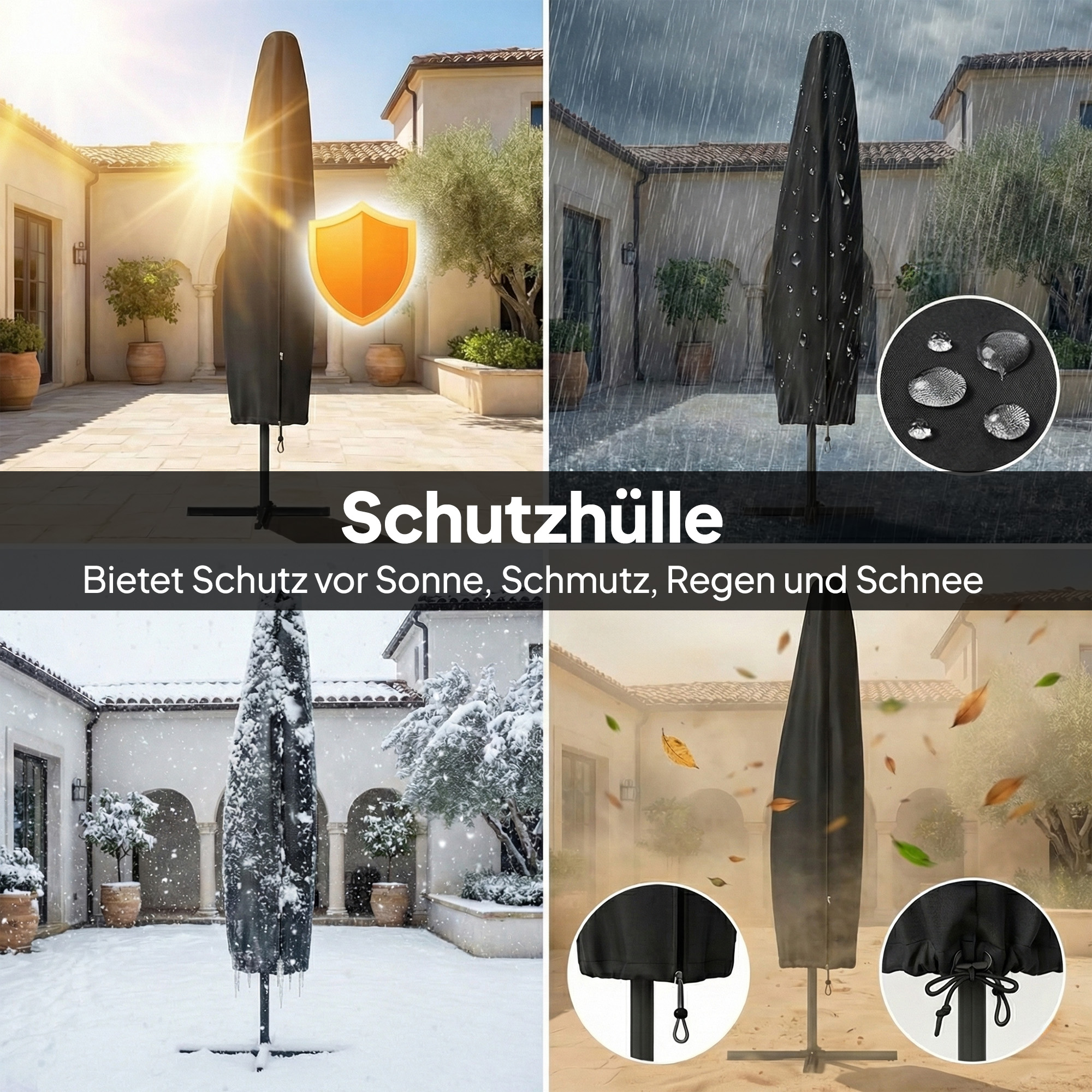 Ampelschirm LED Solar ca. Ø300 cm Drehbar Sonnenschirm mit Kurbel Ständer Schutzhülle Hellgrau