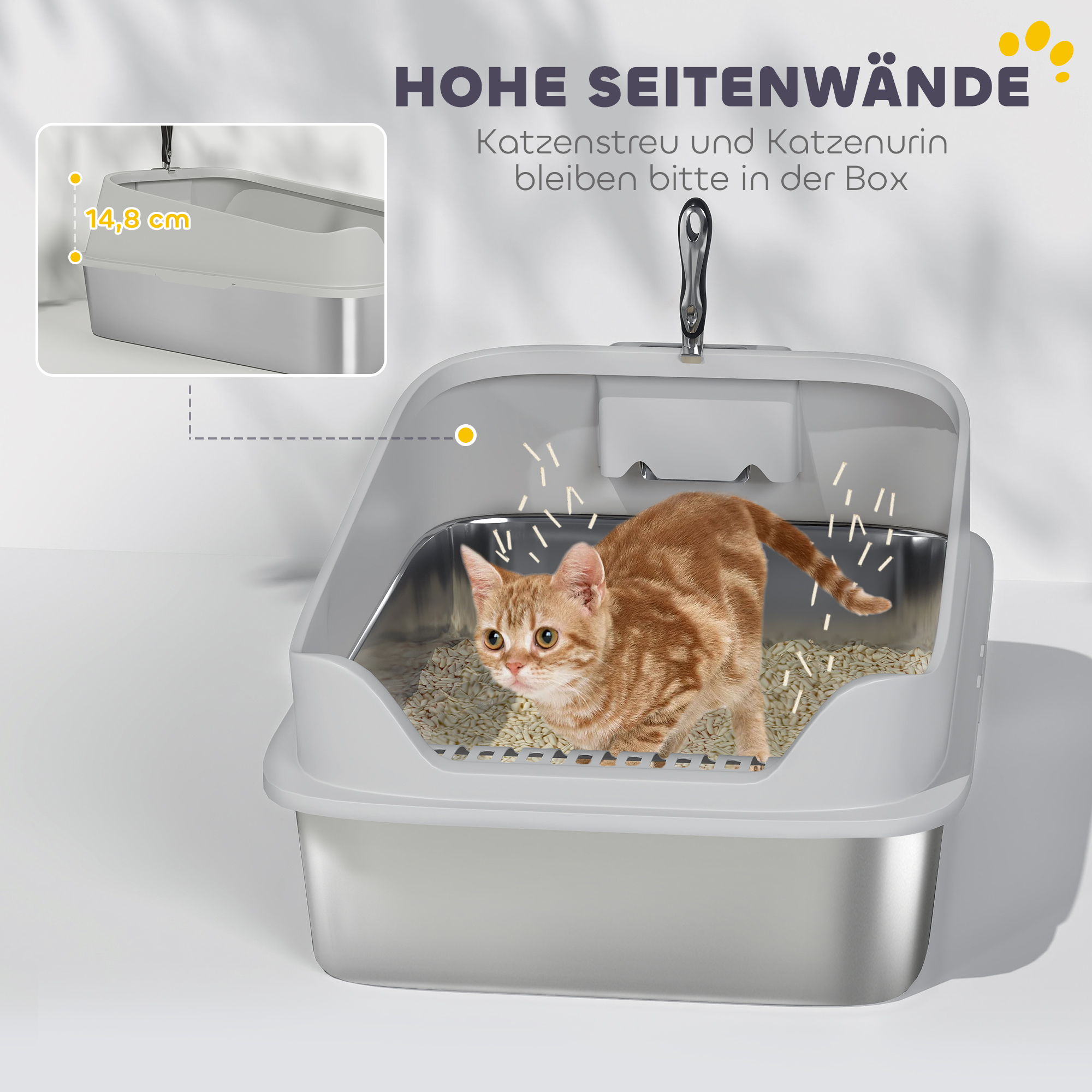 Katzentoilette Edelstahl Offene Katzenklo mit Schaufel hohem Rand für große Katzen bis 12 kg 69,8 x 50,3 x 29,8 cm Grau
