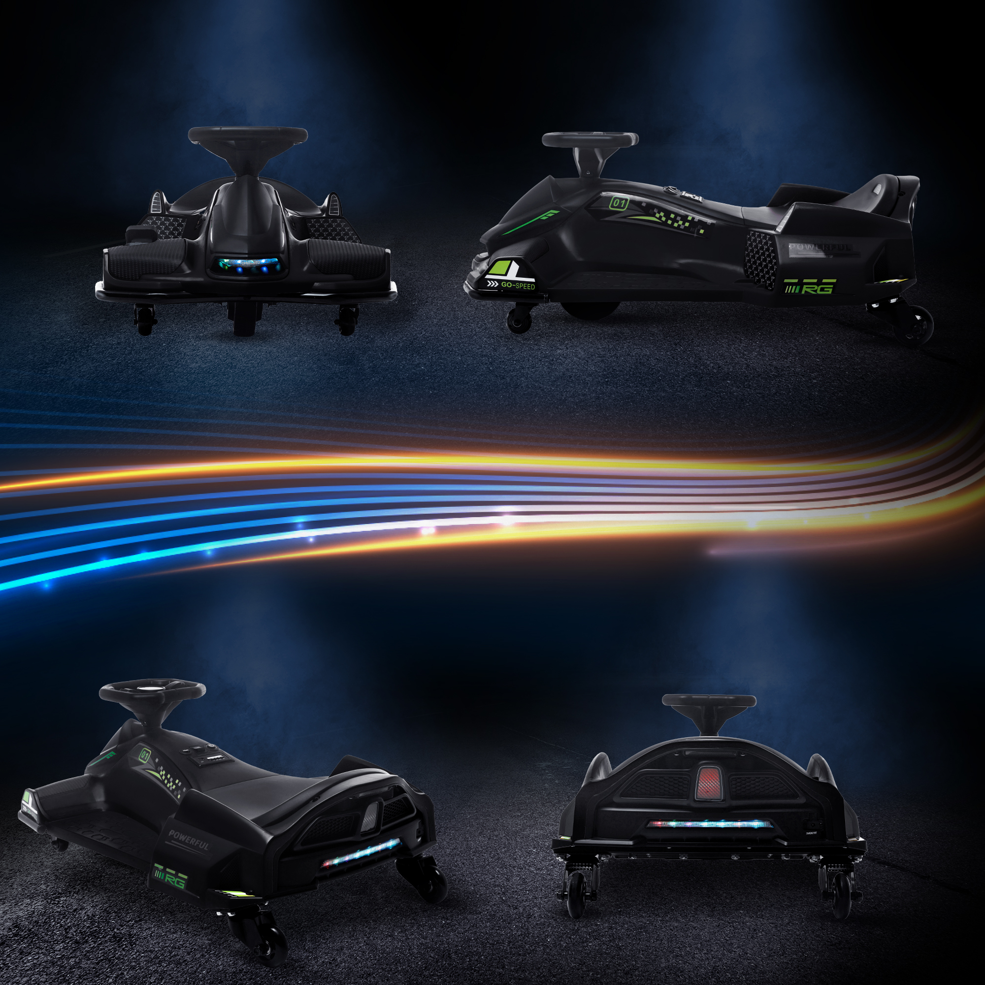 Elektrisches Go-Kart für Kinder, Gummiräder, 3-8 km/h, mit Lichtern und Musikfunktion, Schwarz