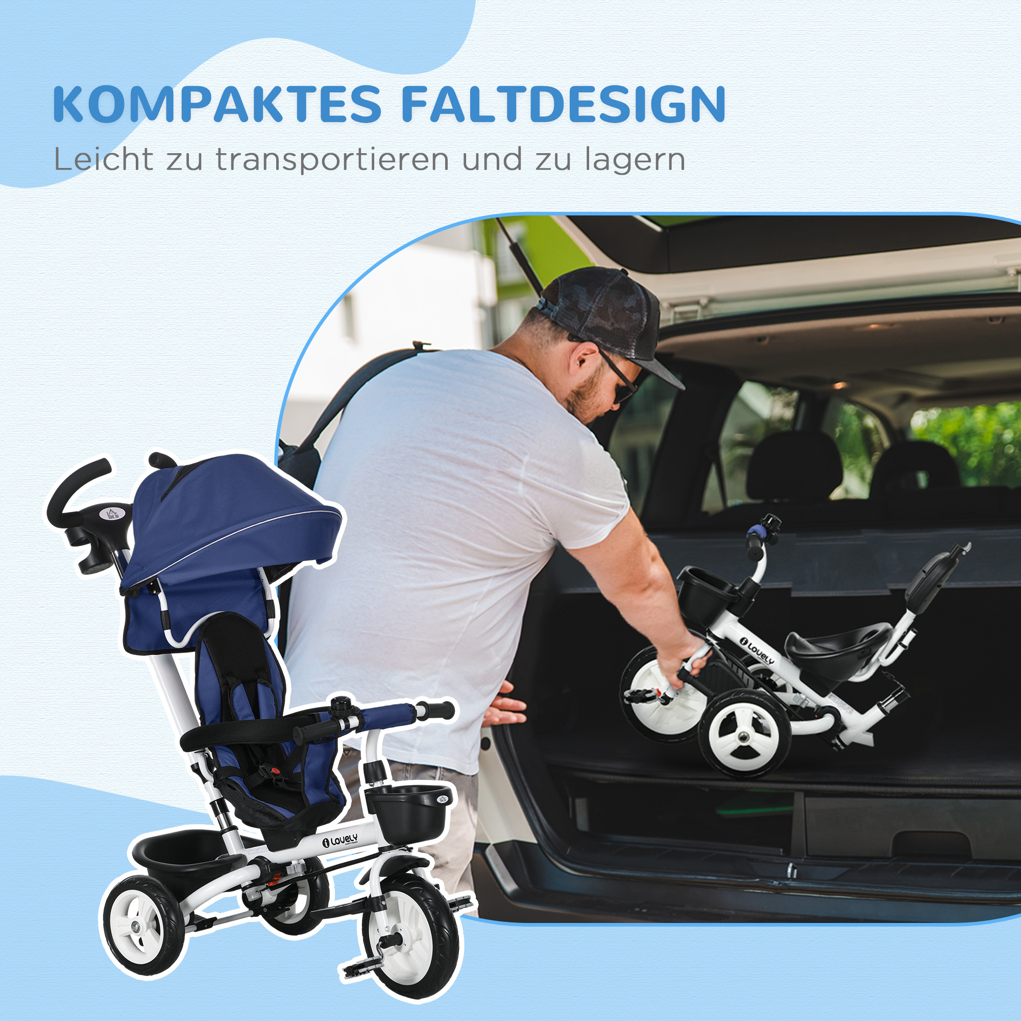 6-in-1 Kinderdreirad mit Schiebestange, Dach, Gurt, Ablagekorb, 18+ Monate, Dunkelblau