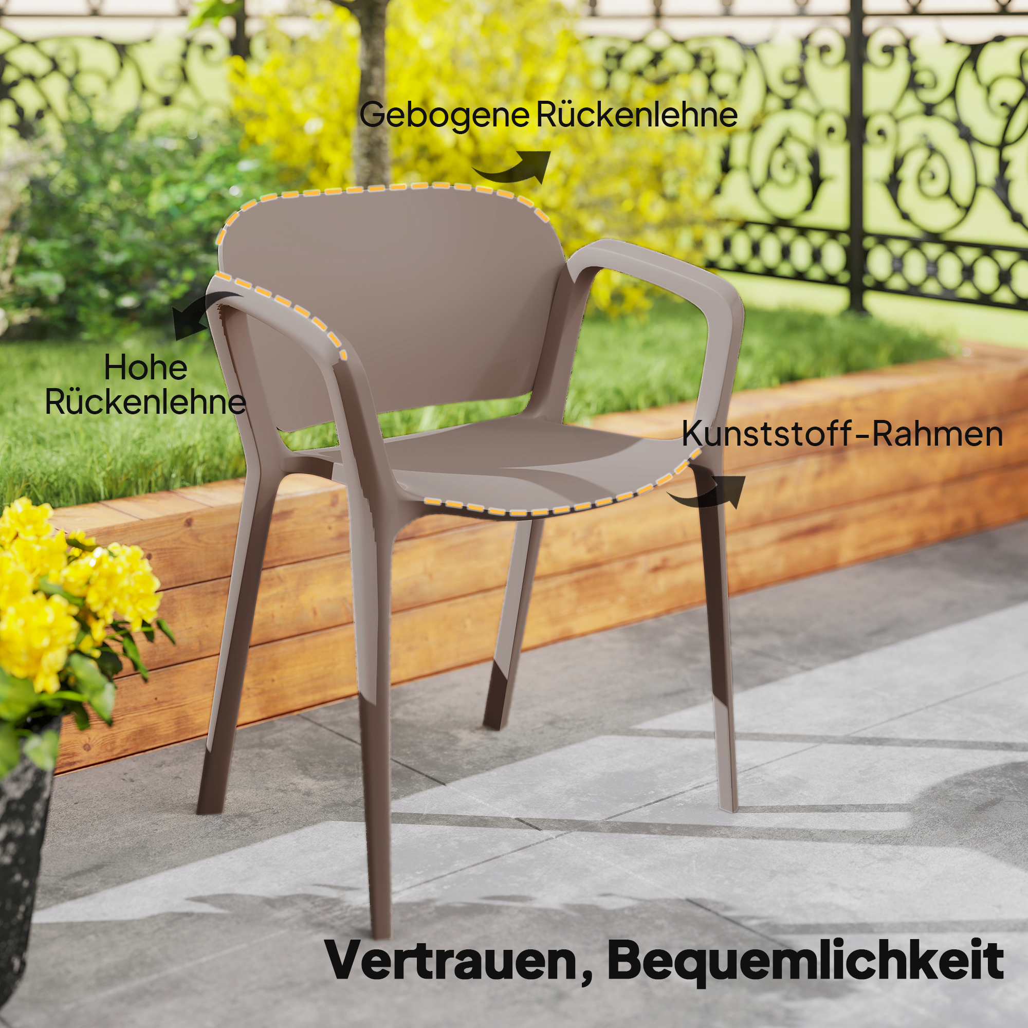 Gartenstuhl 4er Set wetterfest Gartenstühle aus Kunststoff Stapelstuhl mit Armlehne Rückenlehne bis 120 kg belastbar