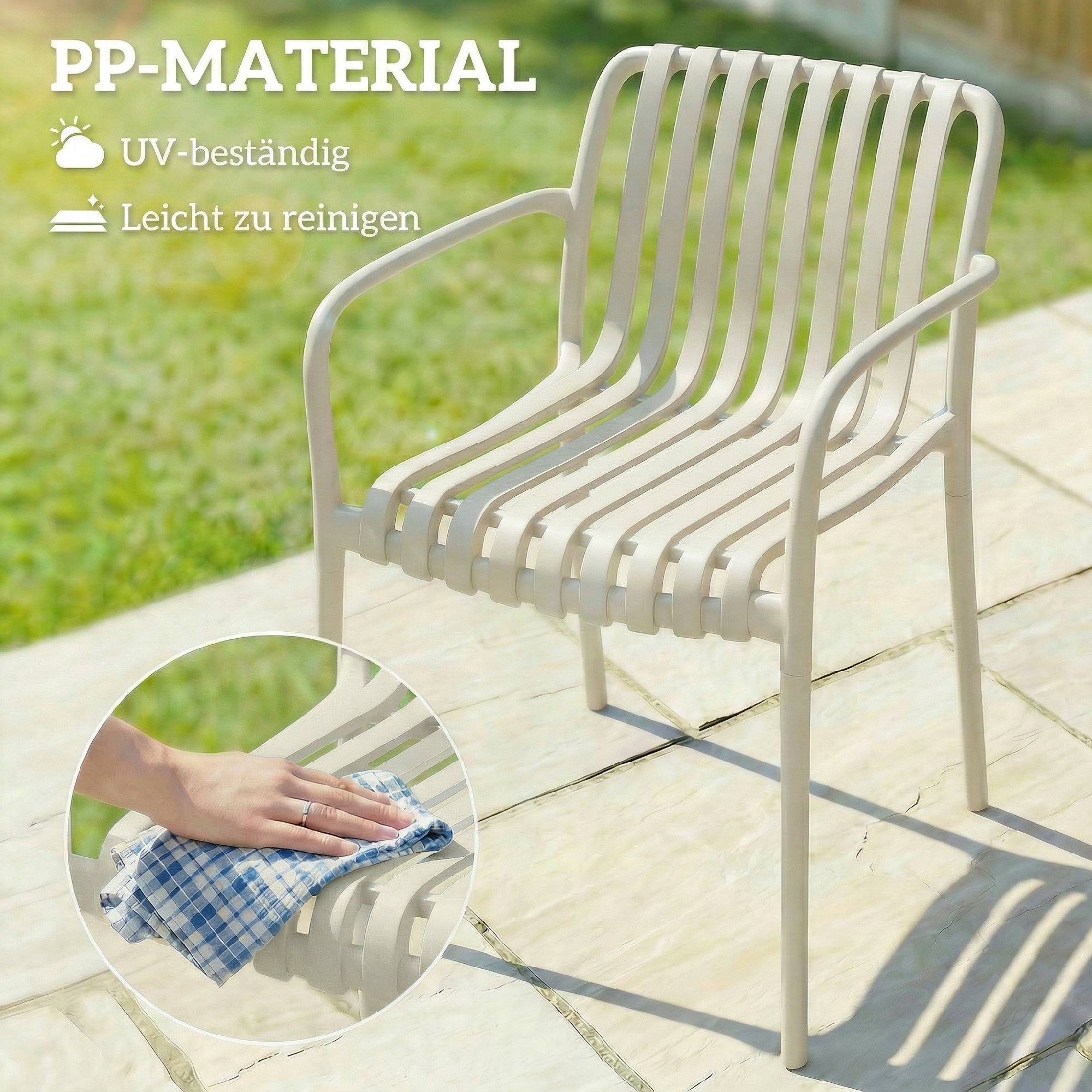 Gartenstühle 4er Set Stapelbare Terrassenstühle mit Lamelldesign Armlehnen, Ergonomisch Cremeweiß