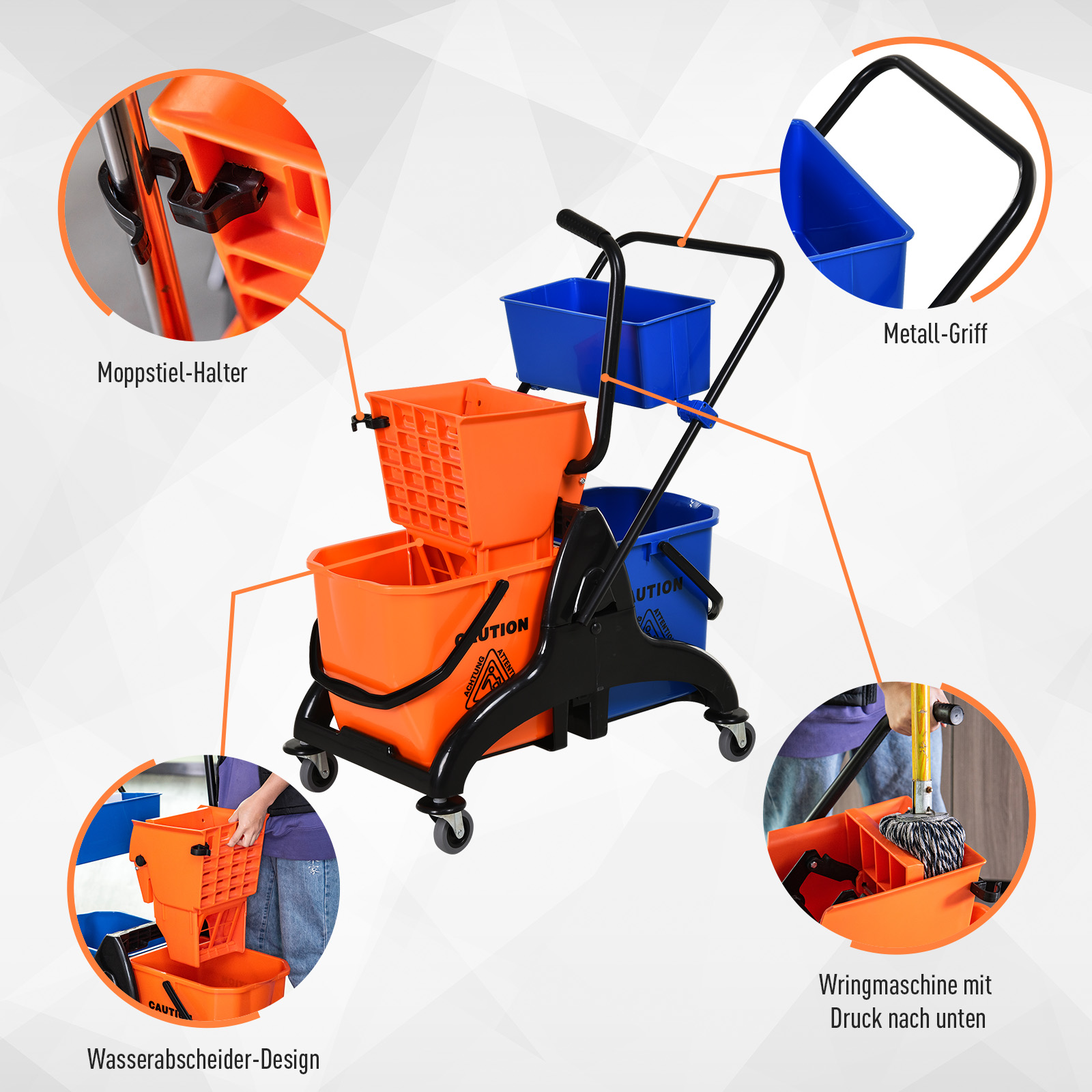 Reinigungseimer, Wischmoppeimer, rollbar, 26 Liter, Kunststoff, Metall, Orange