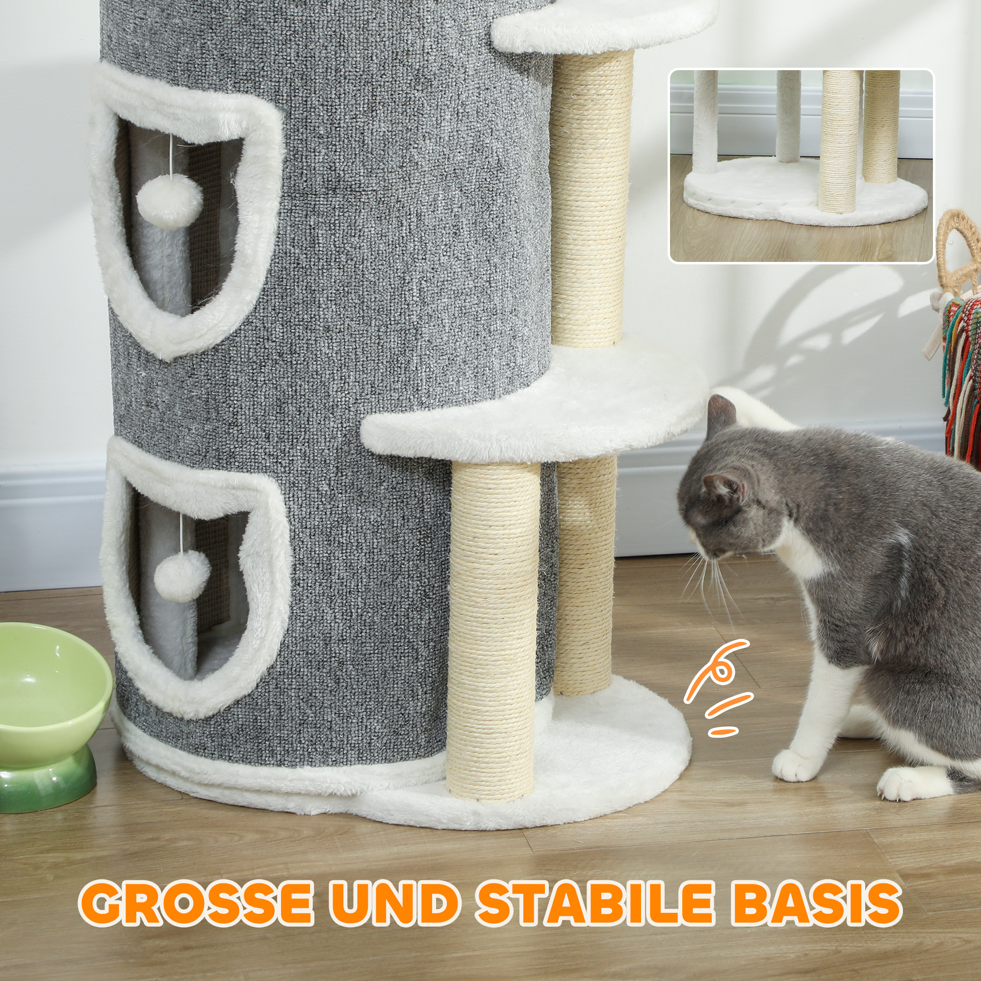 101 cm Katzenturm, 3 Ebenen, 3 Schlafhöhlen, Spielbälle, Kratzpfosten, Sisal, Spanplatte, Grau