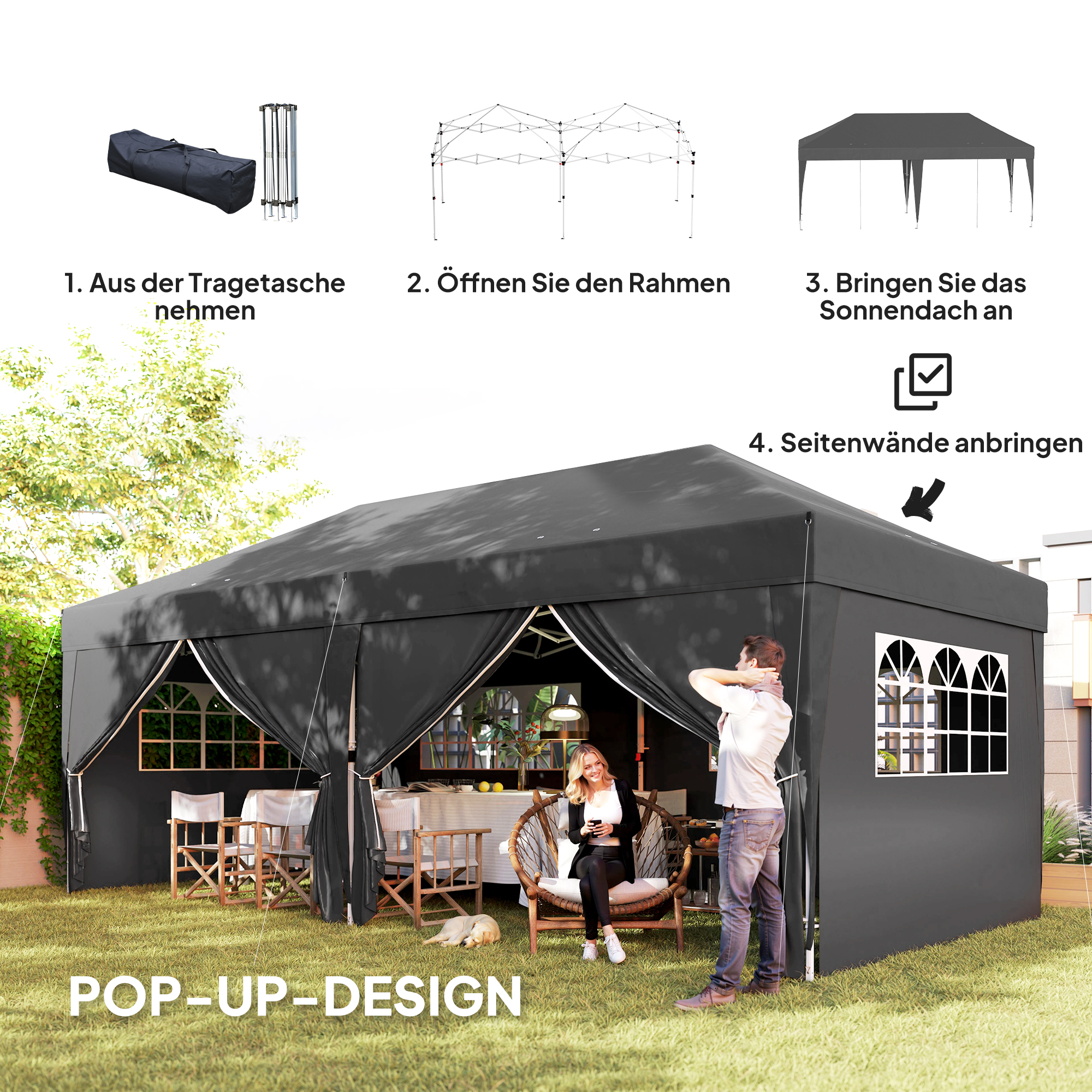 Pavillon ca. 6x3m Stabil Winterfest Pop-up Faltpavillon mit Fenster Reißverschlusstür Seitenteilen UV Schutz