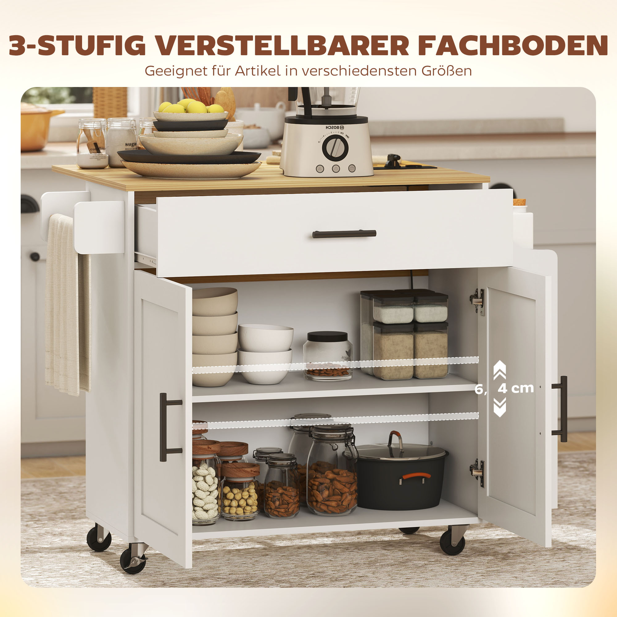 Kücheninsel, Küchenwagen auf Rollen, mit abklappbarer Arbeitsplatte, Schublade, Ablage, 120 x 68 x 85 cm, Weiß