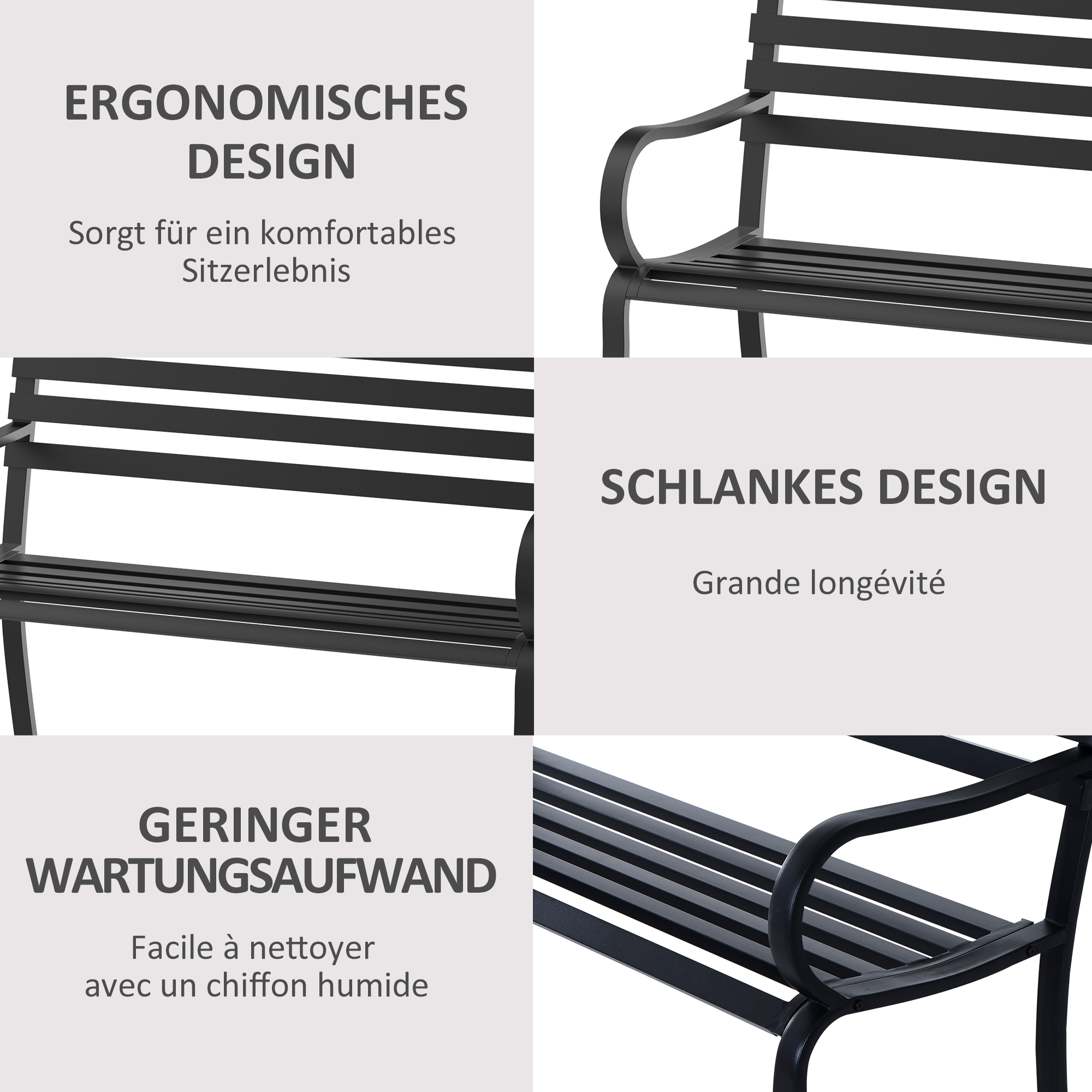 2-Sitzer Gartenbank Sitzbank 240kg belastbar Bank Gartenmöbel für den Innen- und Außenbereich geeignet 127 x 58 x 82 cm Schwarz