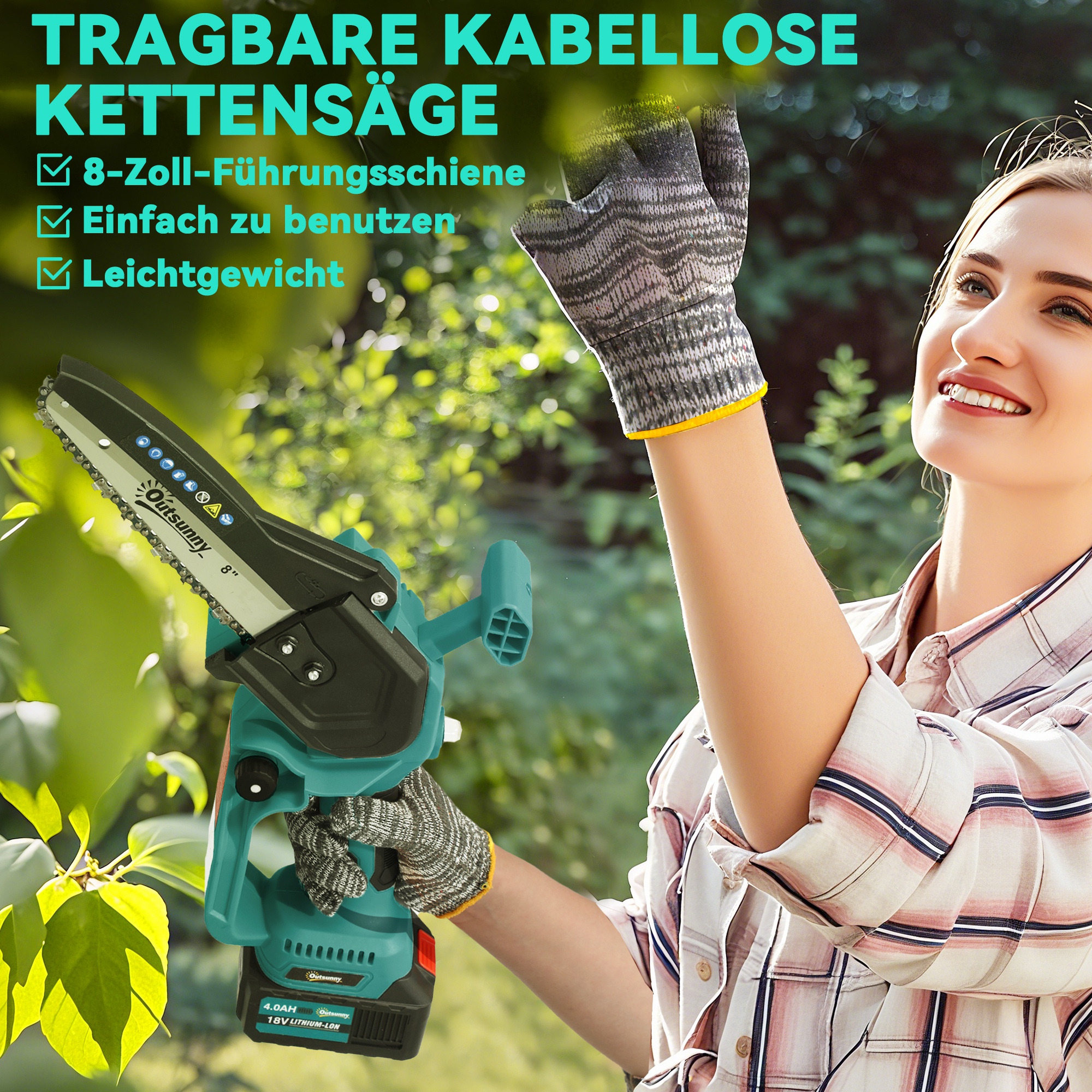 2-in-1 Mini Kettensäge 580W mit Akku 8000mAh Sicherheitsverriegelung 8 Zoll 42 x 29 x 10,5 cm Blau