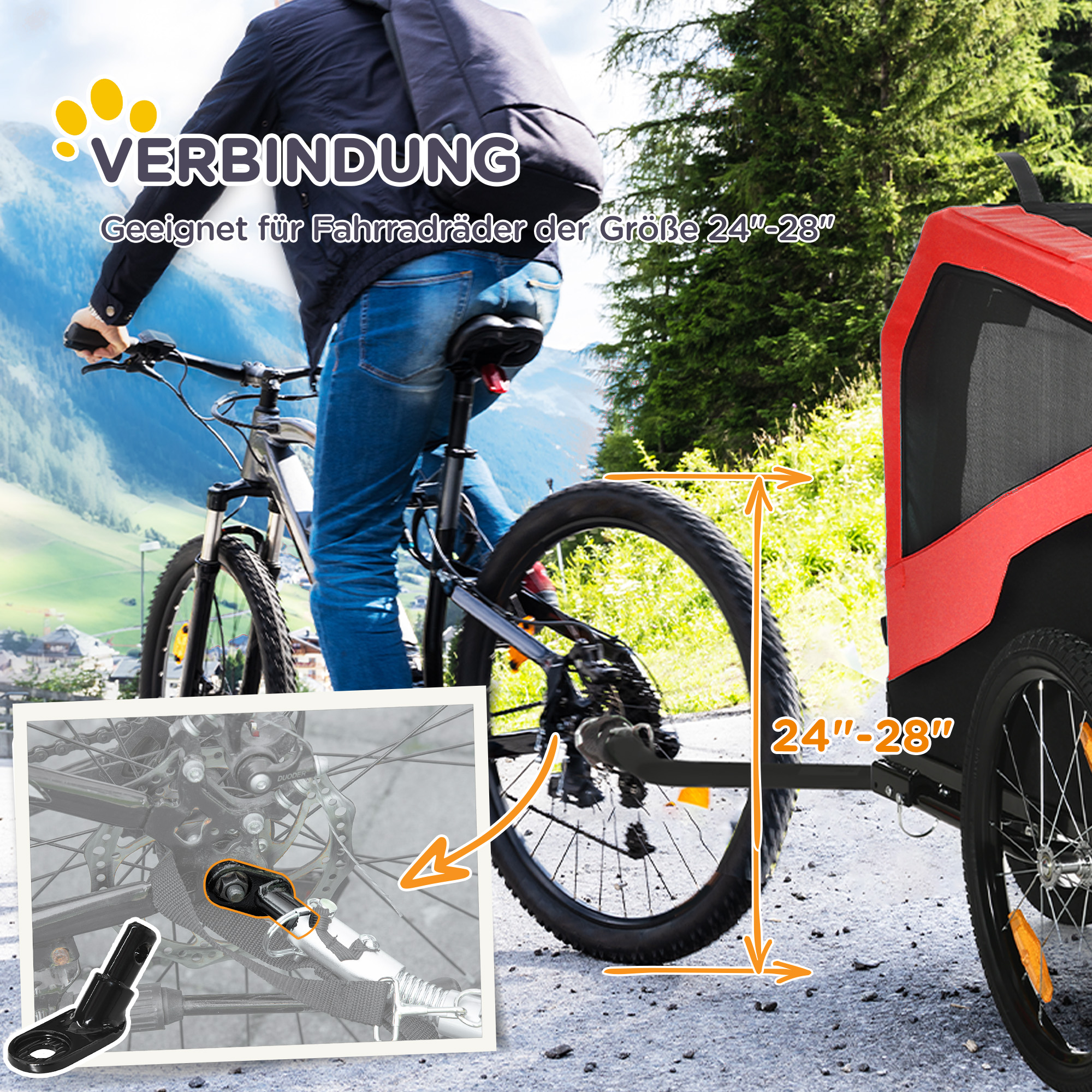 2-in-1 Hundeanhänger Hundebuggy bis 30kg klappbar und lagerbar Lenker Fußstütze Reflektoren Sicherheitsfahne 170 cm x 77 cm x 90 cm Rot