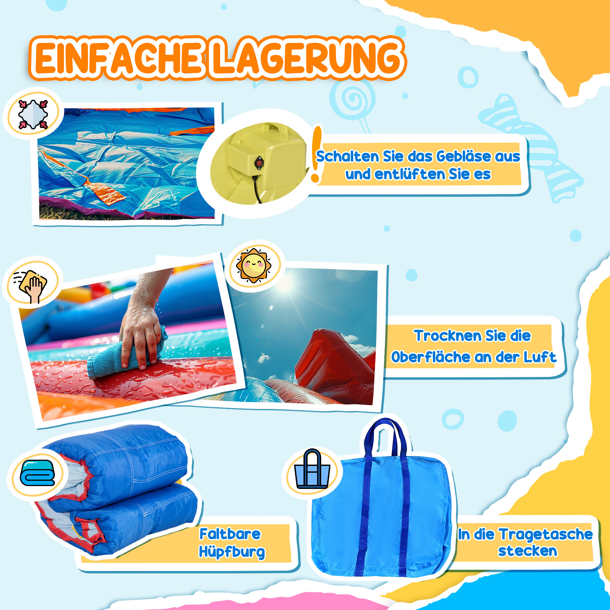 Hüpfburg, mit Rusche, Hüpfbereich, Pool, aufblasbar, inkl. Elektropumpe, für bis 3 Kinder, 380 x 340 x 170 cm