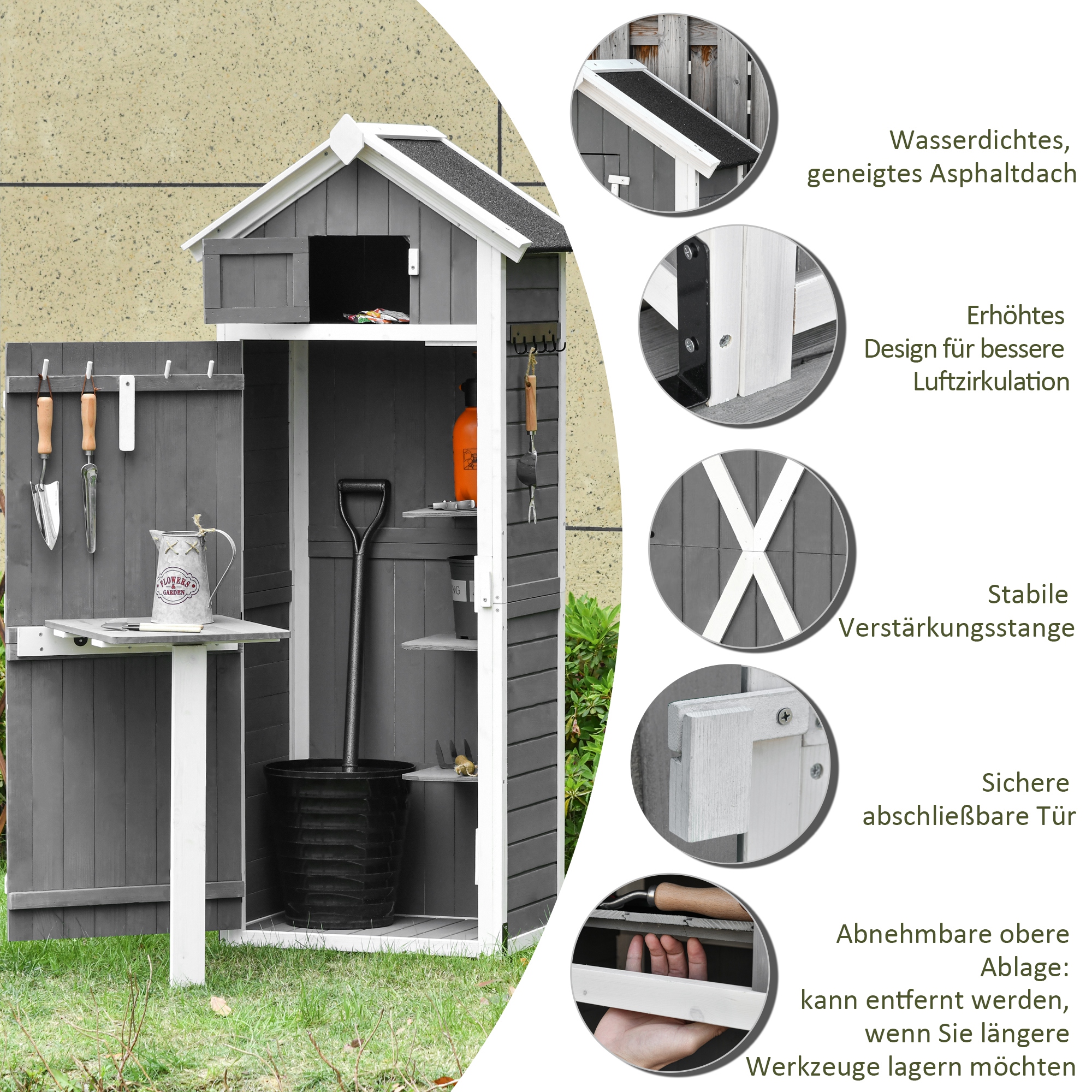 Gartenschrank Holz, Geräteschuppen wetterfest 78x52,5x182cm, Gerätehaus mit Tür, Satteldach, Geräteschrank mit Haken, faltbar Tisch, Werkzeugschrank Gartenschuppen für Garten, Terrasse, Grau