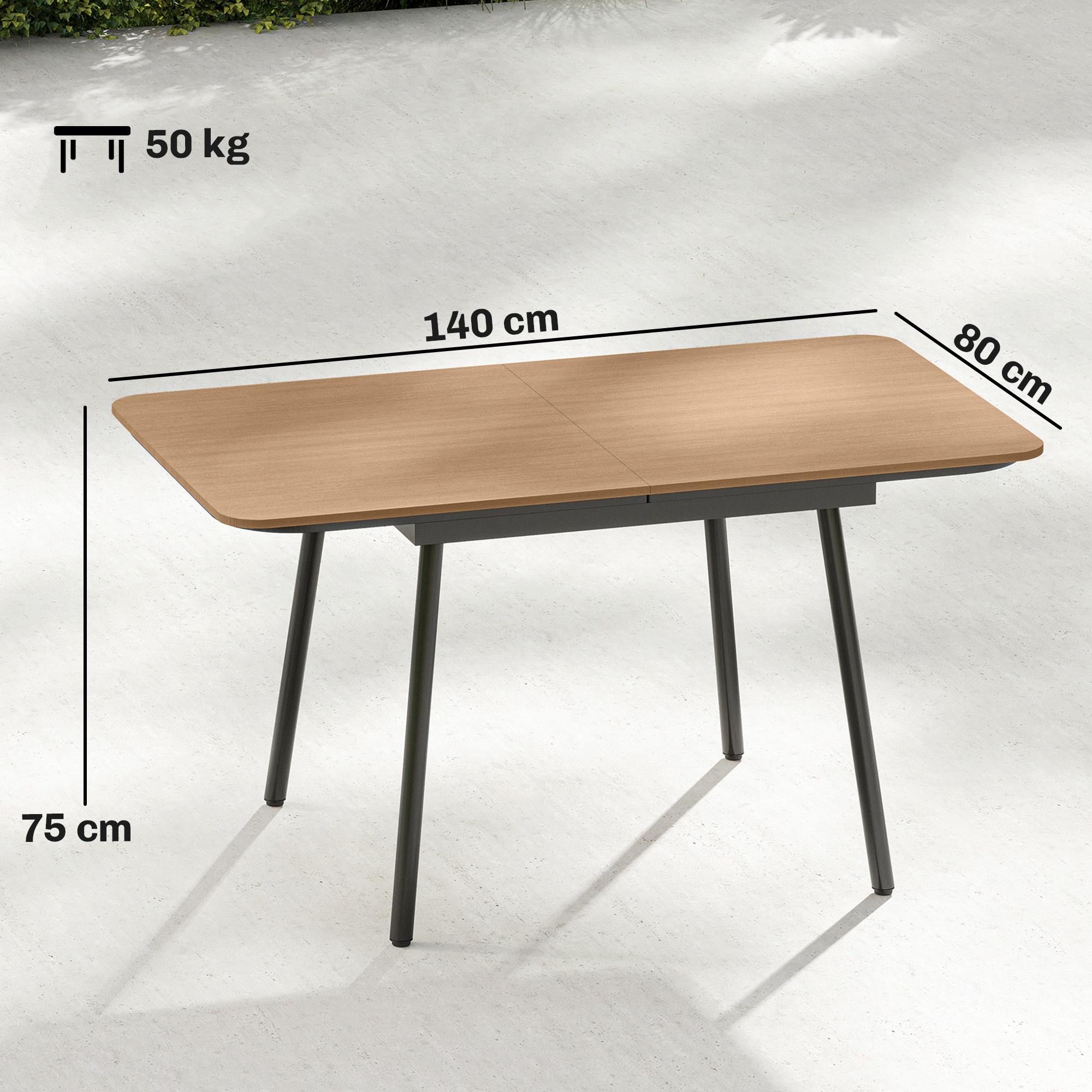 Gartentisch 140 x 80 cm für 6 Personen rostbeständig Outdoor Esstisch mit WPC-Tischplatte Verstellbare Füße, Teak