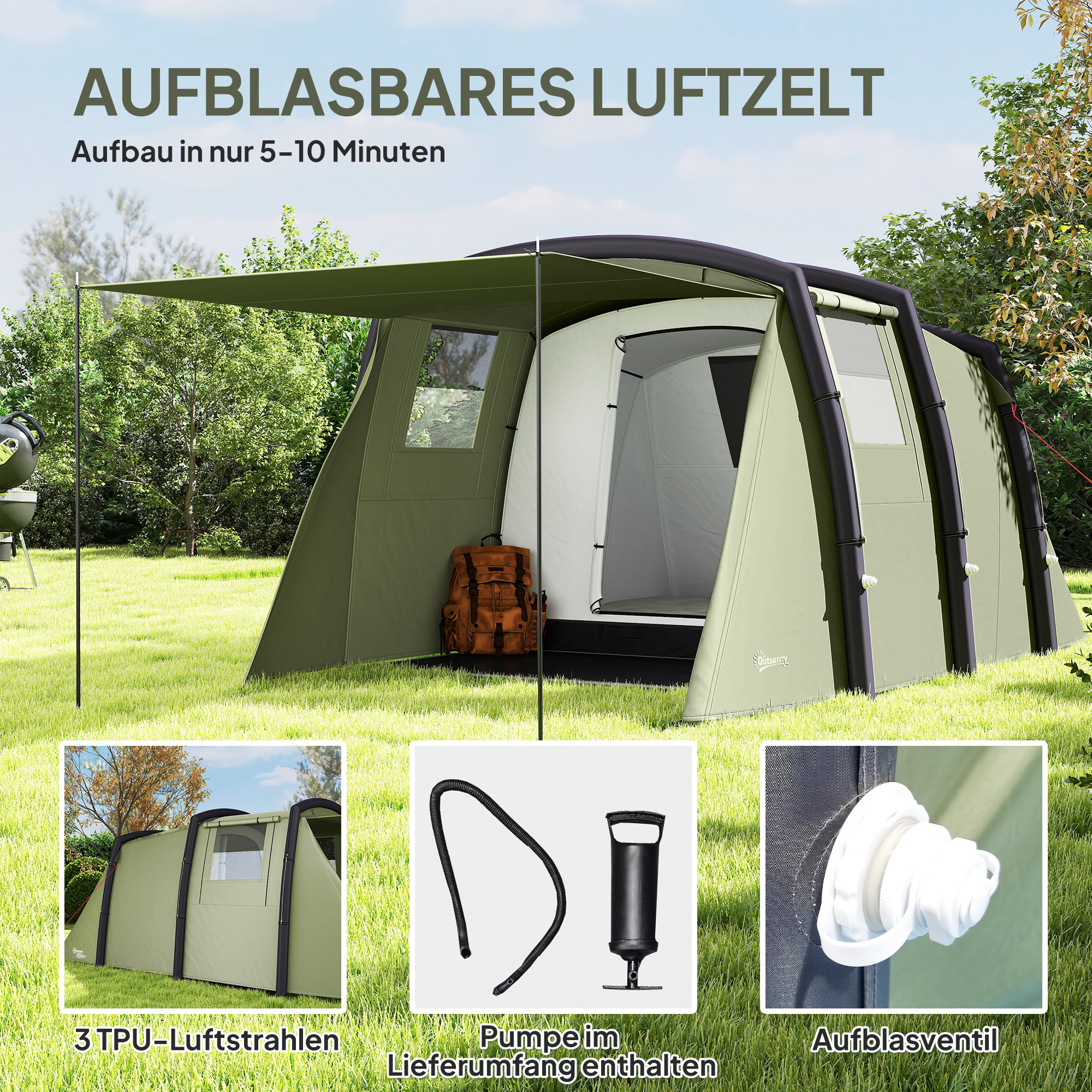 aufblasbares Campingzelt, 3-6 Personen Outdoor Tunnelzelt mit Seitenfenstern Tür Luftträger 4,4 x 2,8 x 1,95 m Grün