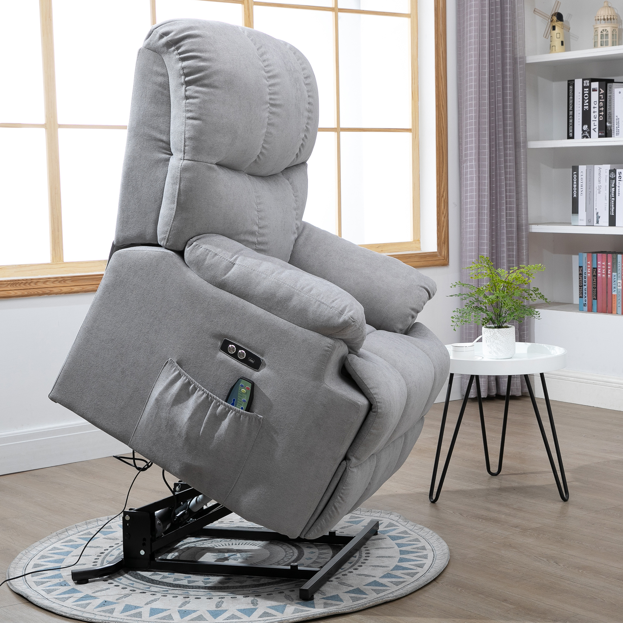 Sessel mit Aufstehhilfe, Massagesessel, Relaxsessel mit USB-Anschluss, Fernsehsessel mit Fernbedienung, Seitentasche, Neigebarer TV-Sessel mit Samtoptik, Grau