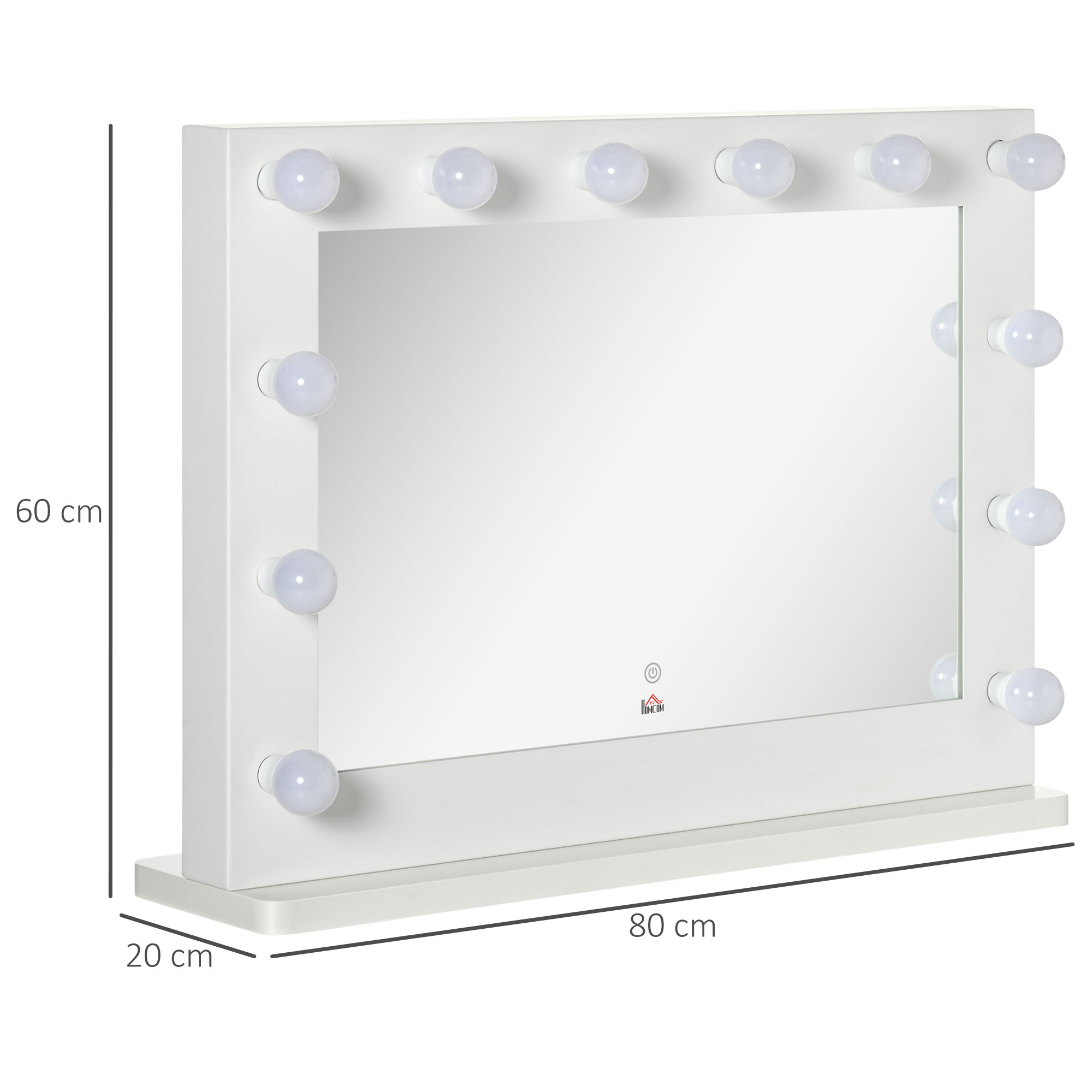 Hollywood Spiegel mit Beleuchtung, Touch-Steuerung, Memory-Funktion, 12 dimmbare LED-Lampen, weiß, 80 x 60 cm