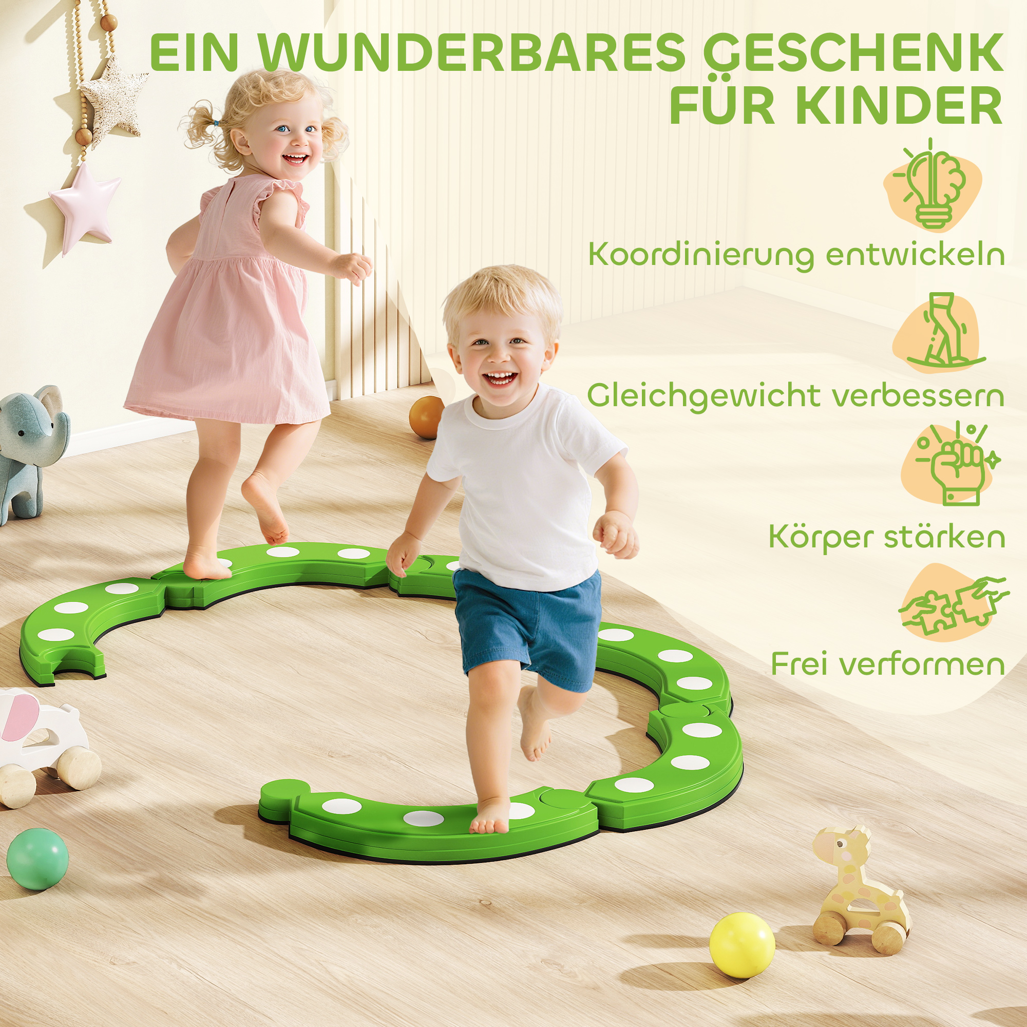 Balancebalken, 6 gebogene Segmente, sensorische Erhebungen, 50 kg Tragkraft, Grün